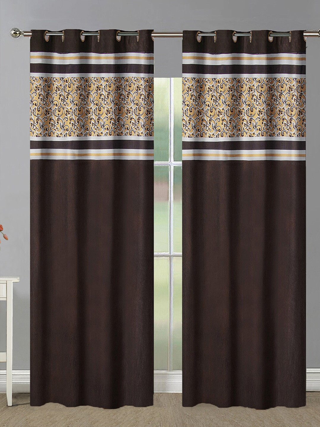 

Aura Brown & Beige 2 Pieces Floral Room Darkening Long Door Curtains