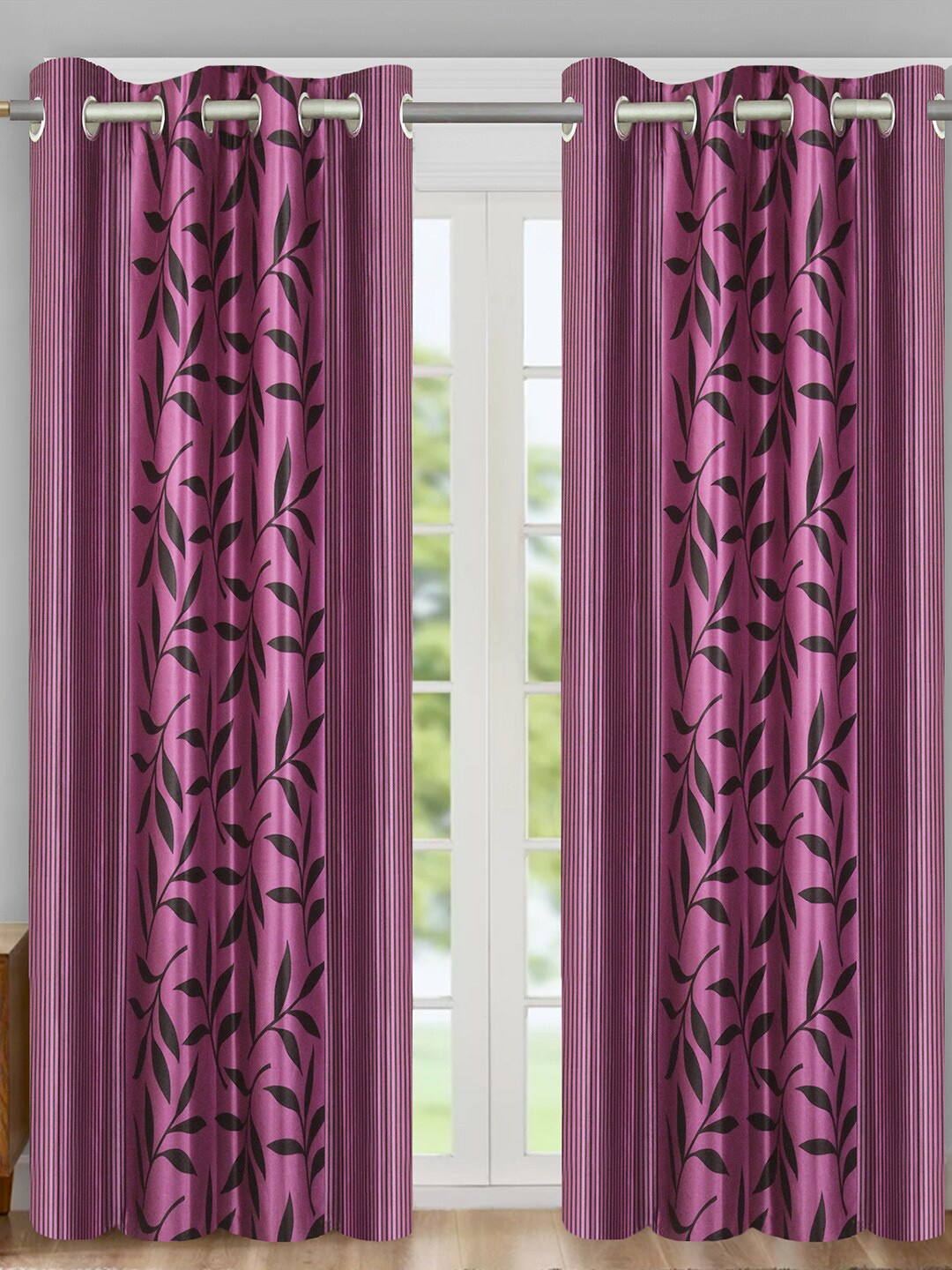 Aura Pink & Black 2 Pieces Floral Room Darkening Long Door Curtains