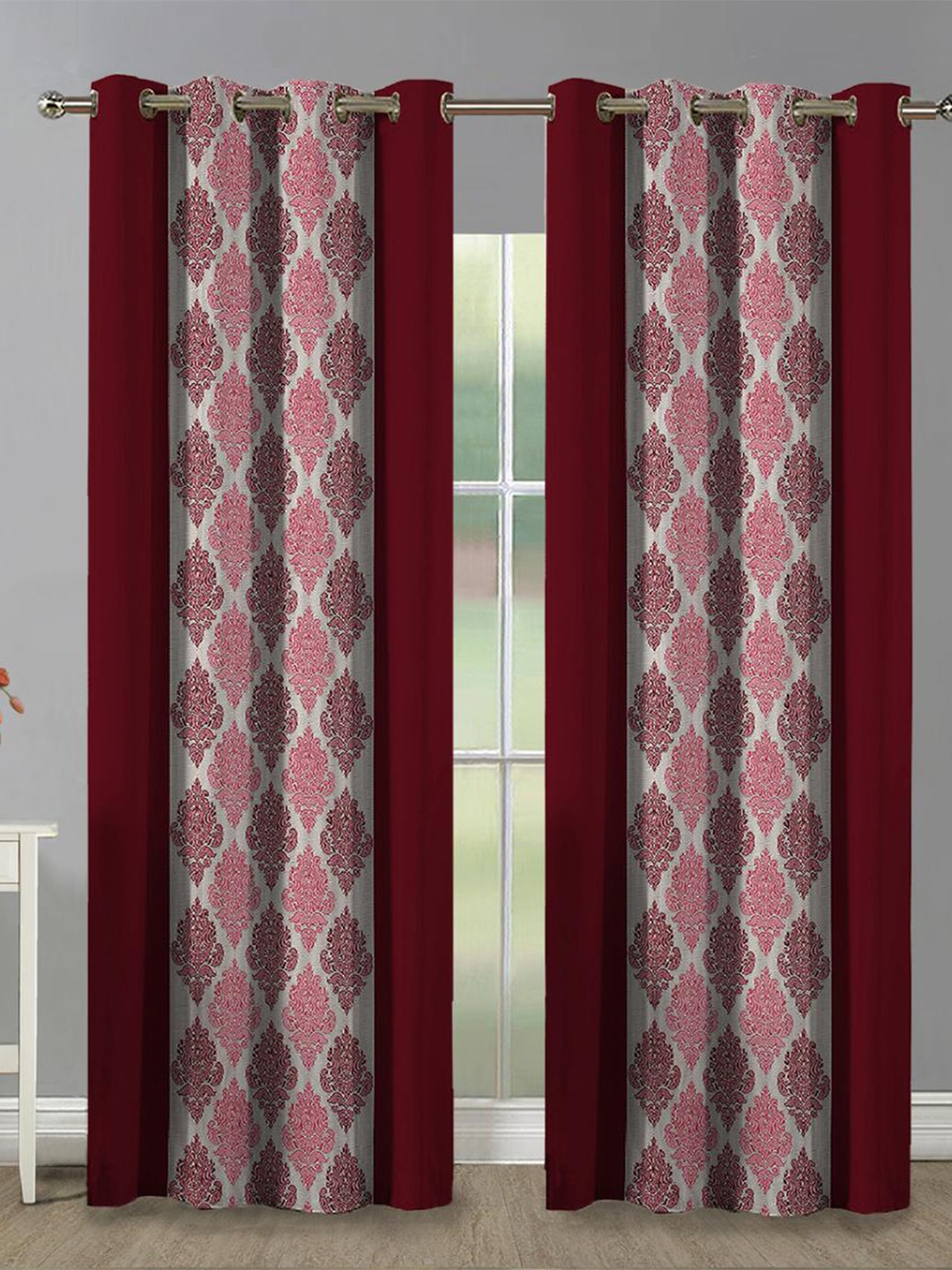 

Aura Maroon & White 2 Pieces Ethnic Motif Printed Room Darkening Eyelet Long Door Curtains