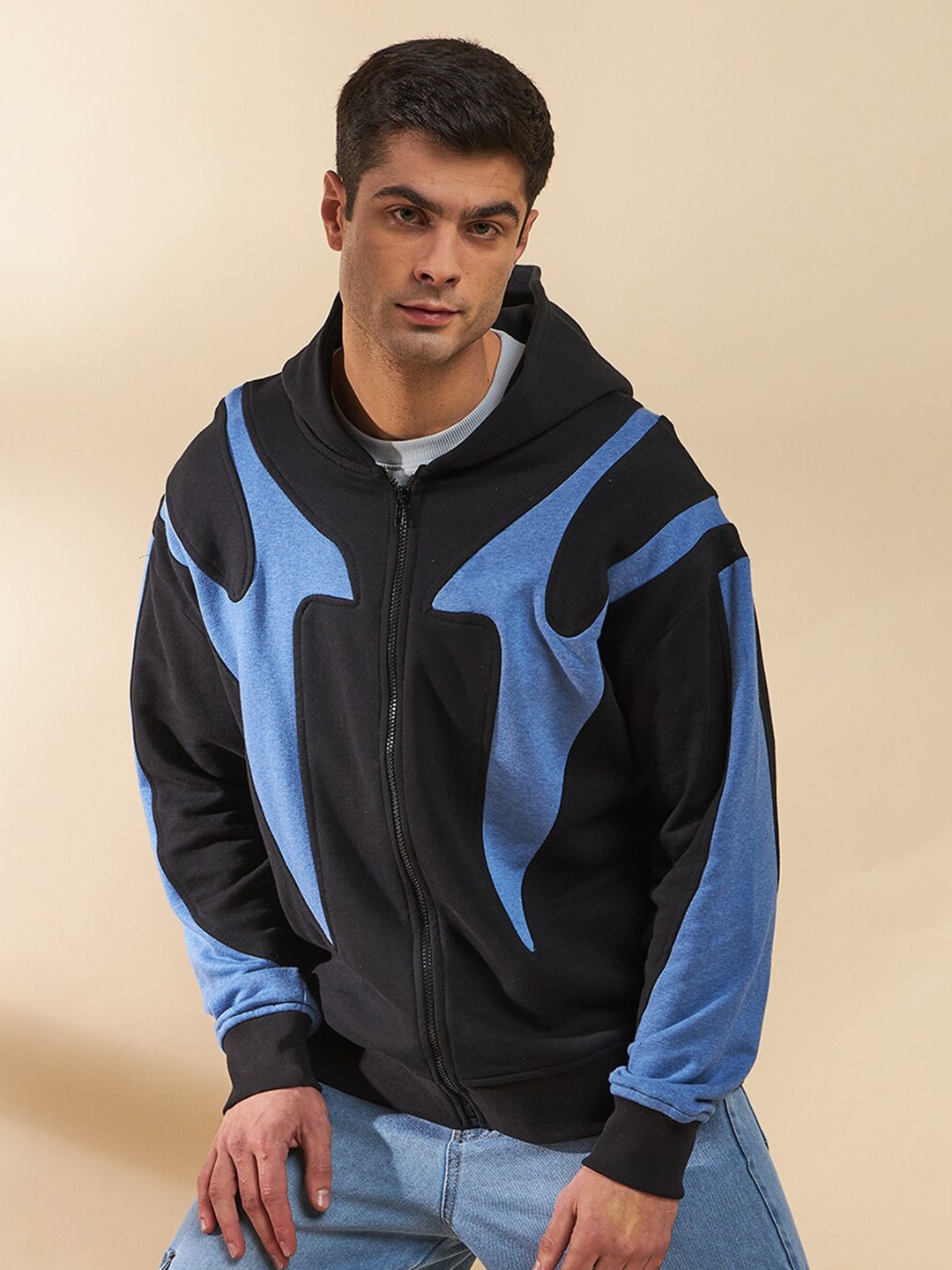 

FUGAZEE Black & Blue Abstract Printed Hooded Cotton Front-Open Sweatshirt
