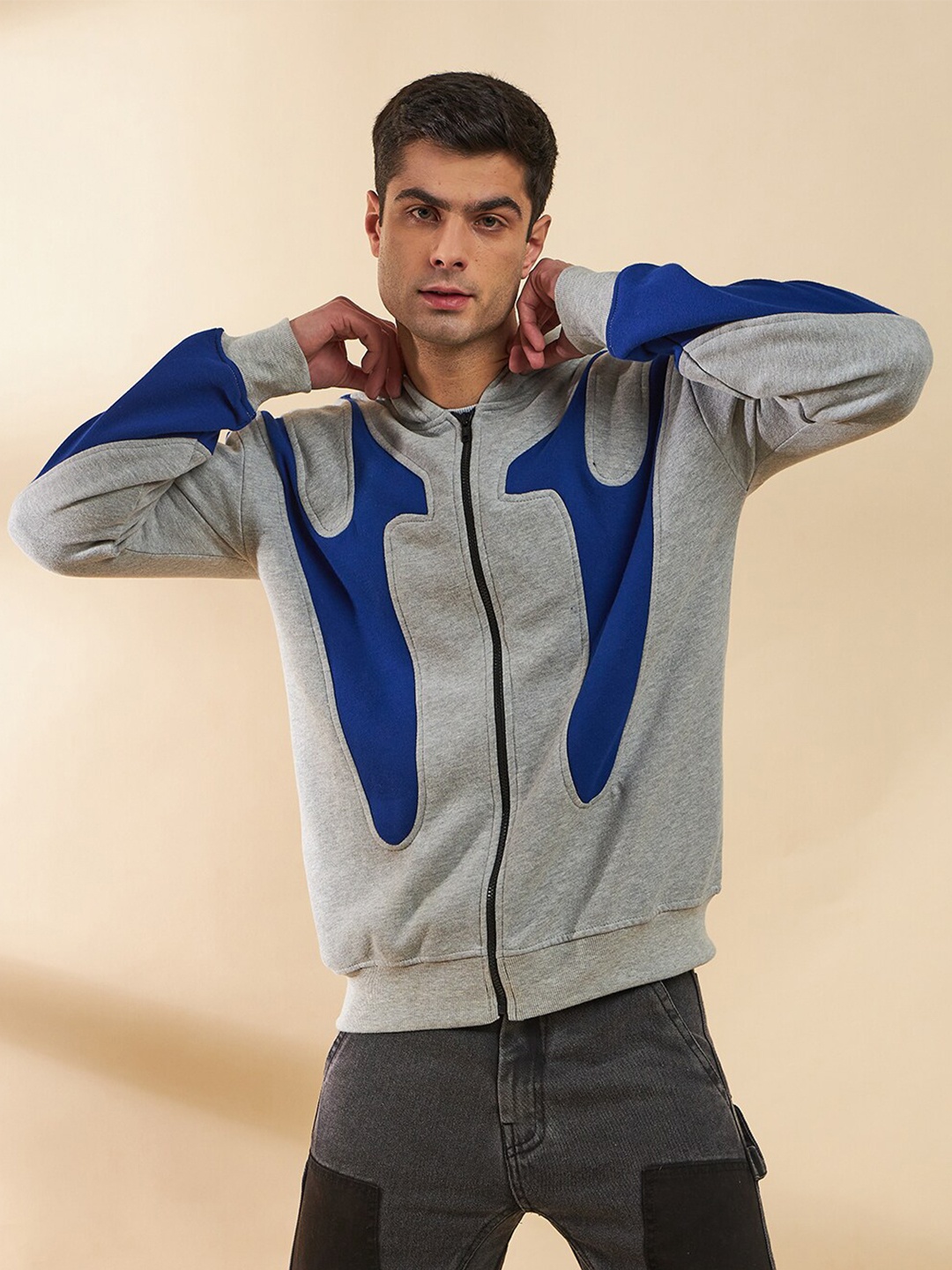 

FUGAZEE Grey & Blue Cut Sew Zipped Hood Sweatshirt
