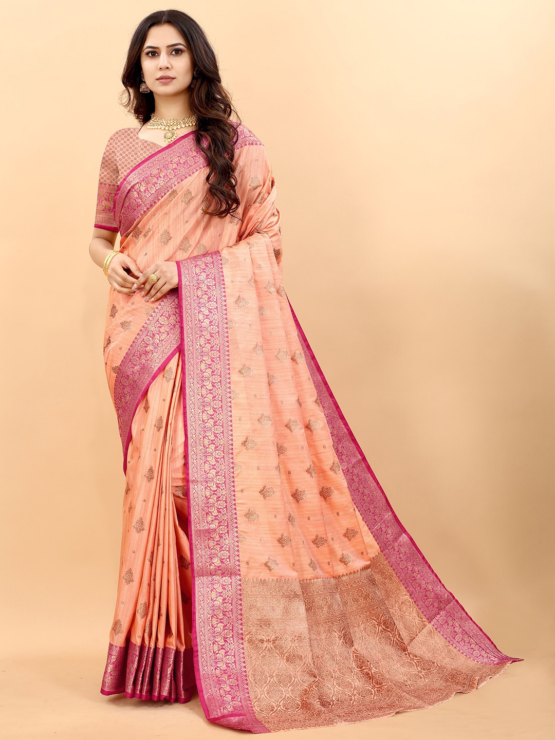 

Divyadham Textiles Ethnic Woven Design Zari Pure Silk Banarasi Saree, Peach