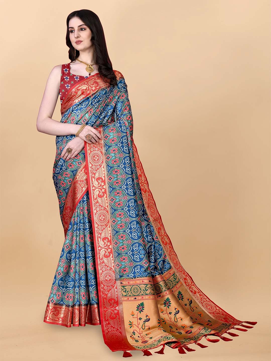 

Divyadham Textiles Geometric Printed Pure Silk Banarasi Zari Saree, Blue
