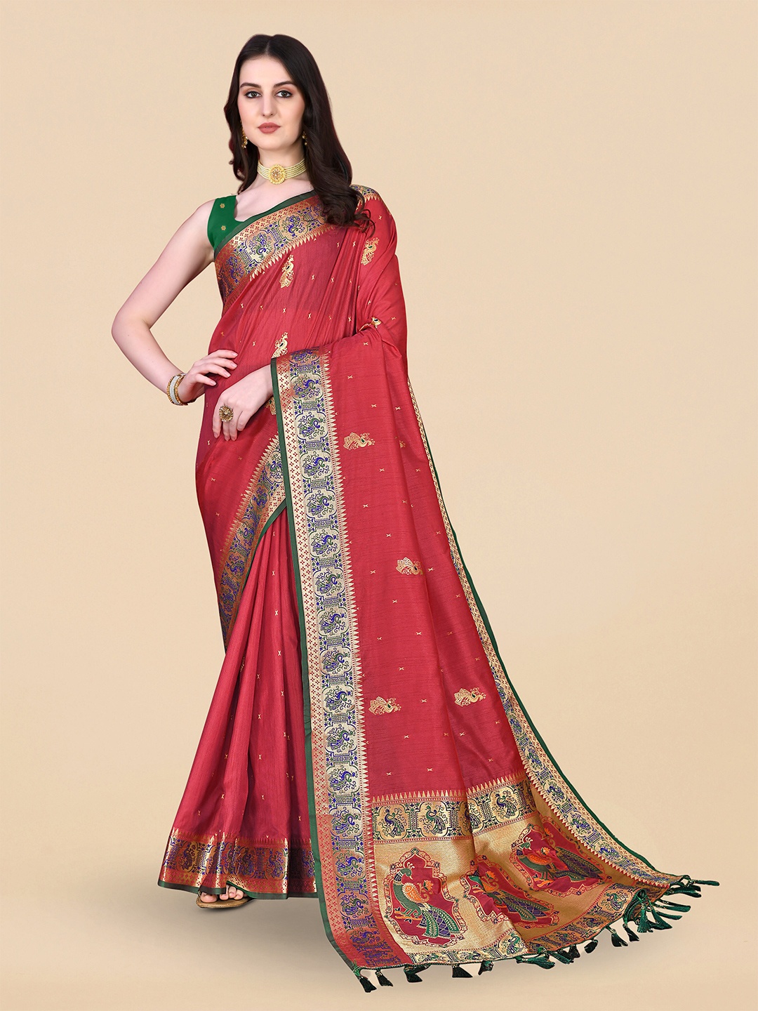 

Divyadham Textiles Ethnic Motif Woven Design Pure Silk Banarasi Zari Saree, Red