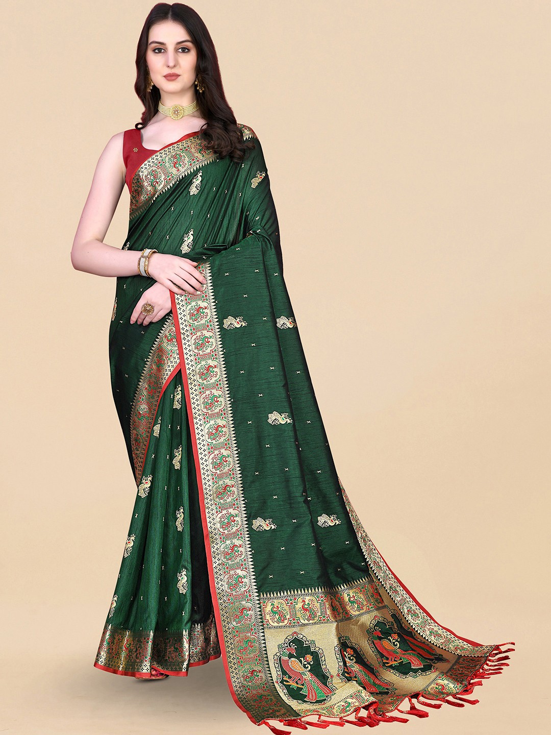 

Divyadham Textiles Ethnic Motif Woven Design Pure Silk Banarasi Zari Saree, Green