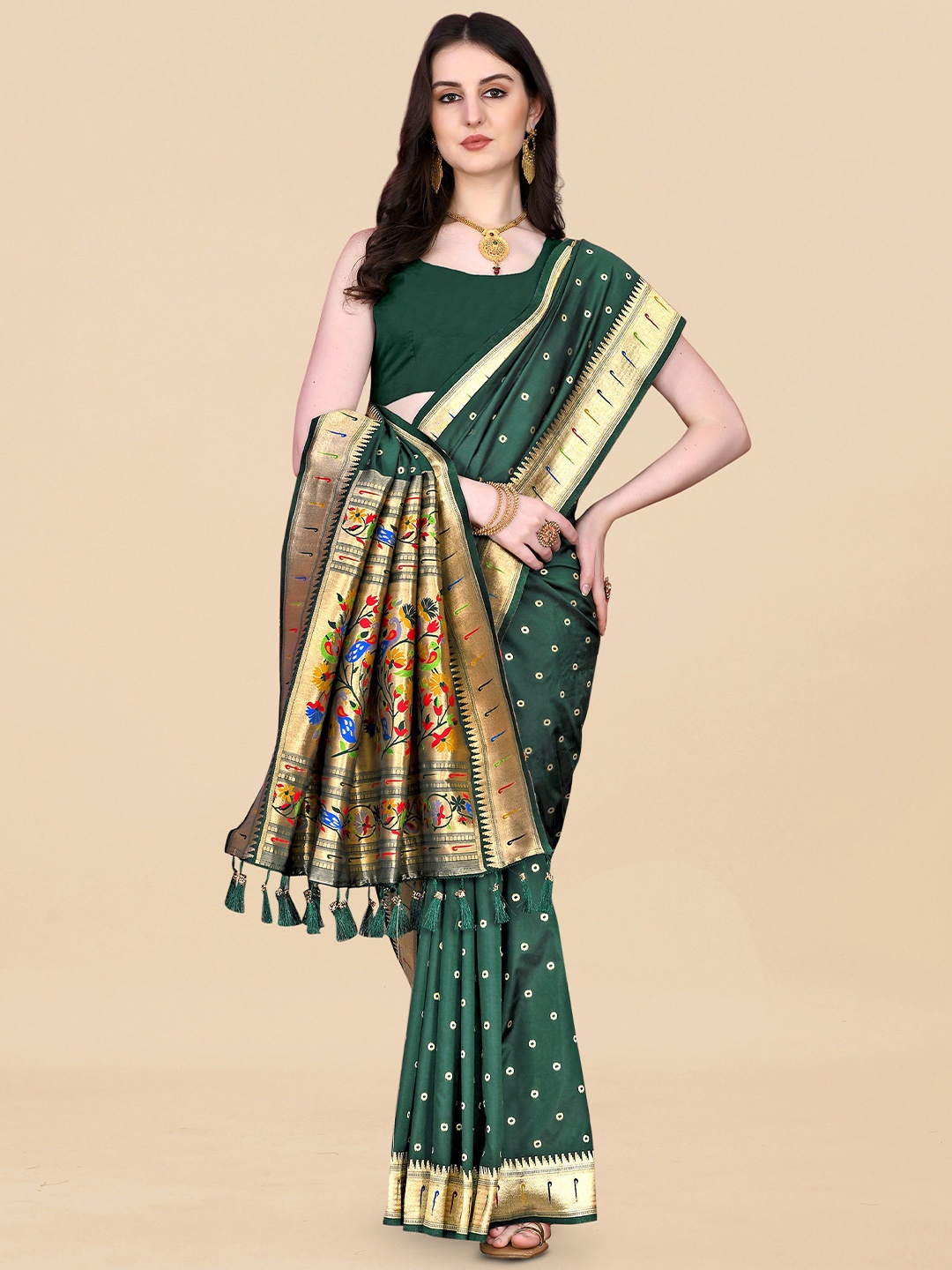 

Divyadham Textiles Ethnic Motifs Pure Silk Banarasi Zari Saree, Green