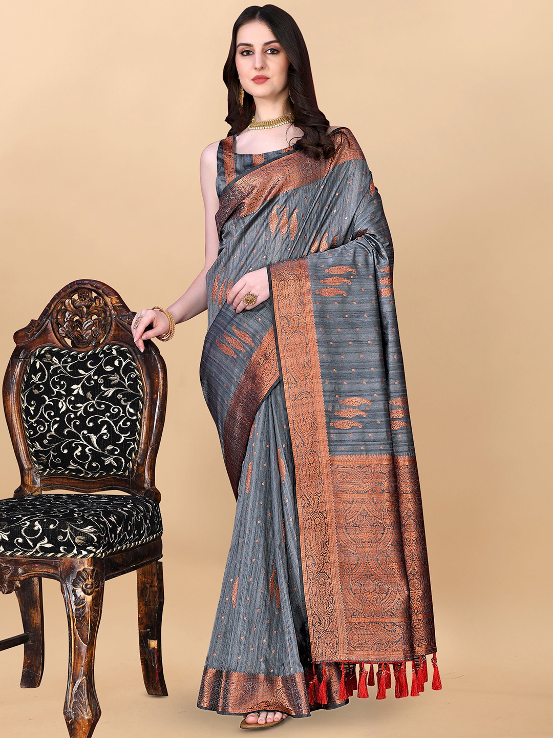 

Divyadham Textiles Ethnic Motif Woven Design Pure Silk Banarasi Zari Saree, Grey