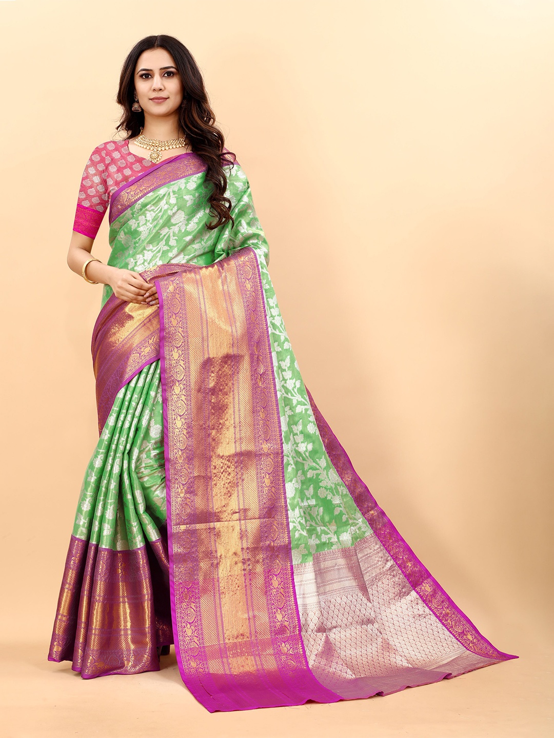 

Divyadham Textiles Floral Woven Design Zari Pure Silk Zari Saree, Green