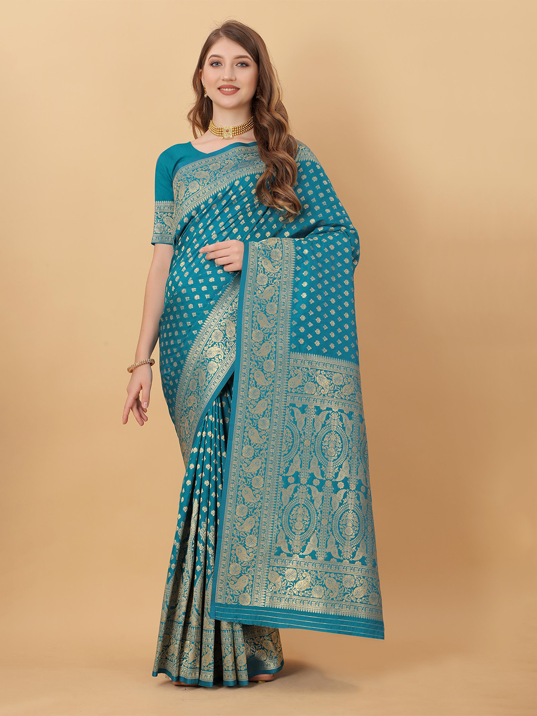

Divyadham Textiles Ethnic Motifs Woven Design Zari Pure Silk Kanjeevaram Saree, Turquoise blue