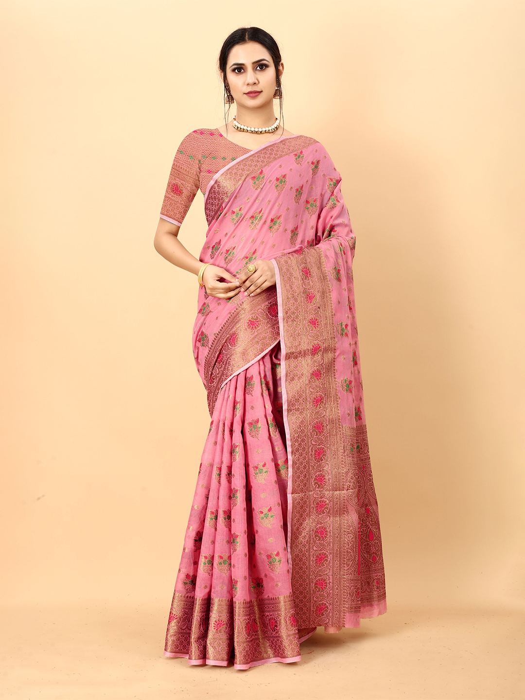 

Divyadham Textiles Ethnic Motifs Woven Design Zari Pure Silk Banarasi Saree, Pink