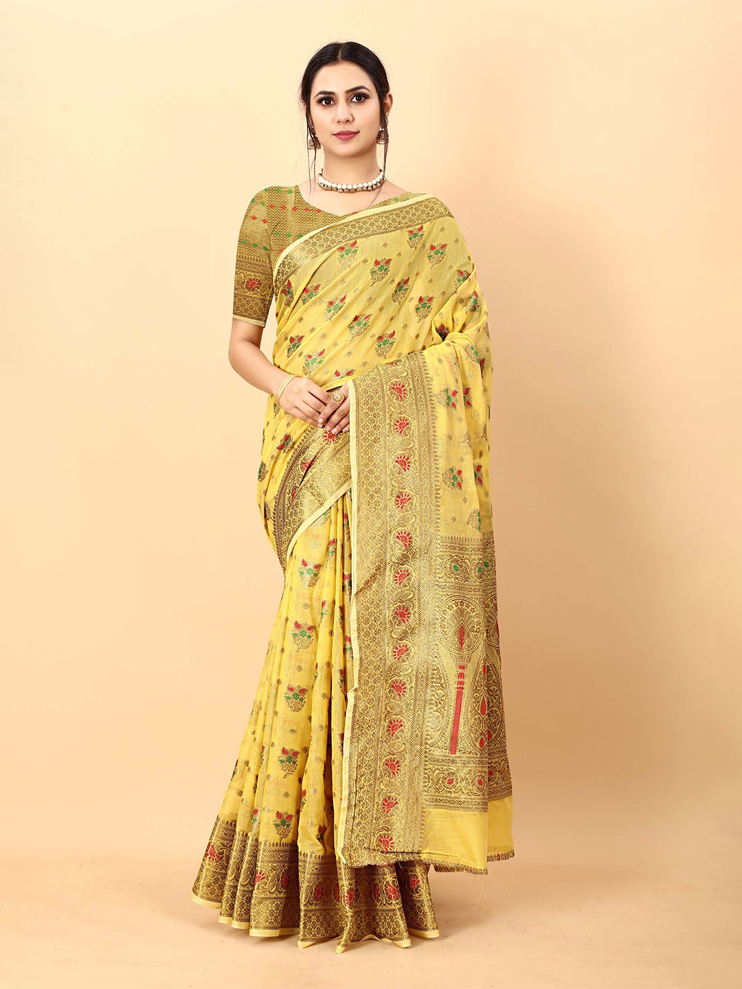 

Divyadham Textiles Floral Woven Design Zari Pure Silk Banarasi Saree, Yellow