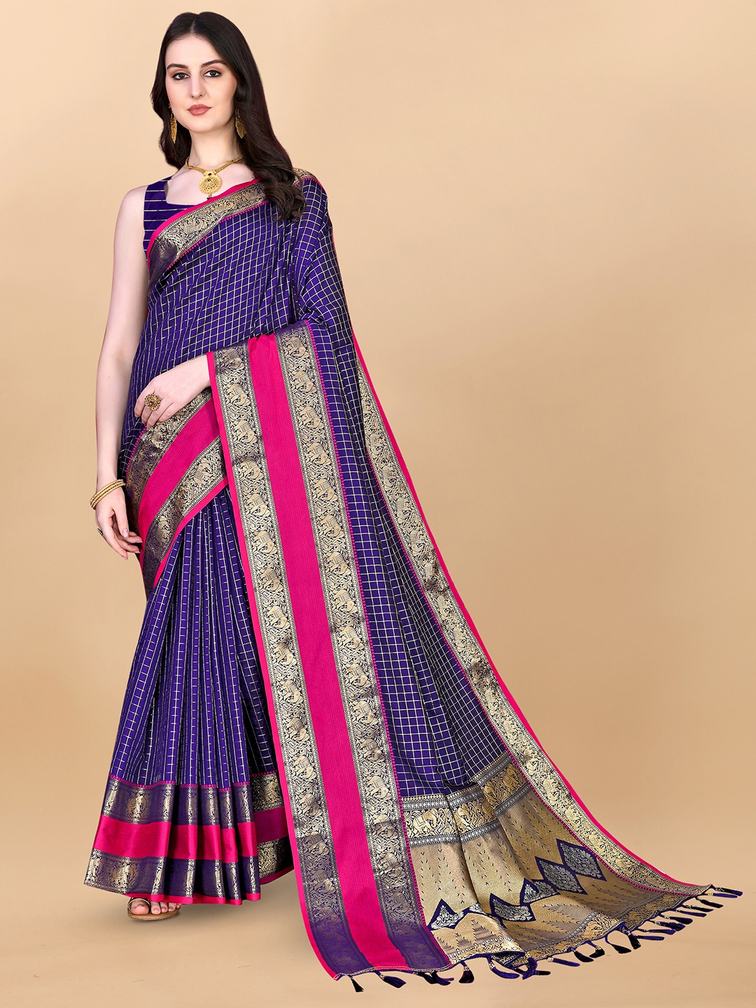 

Divyadham Textiles Checked Woven Design Zari Pure Silk Kanjeevaram Saree, Blue