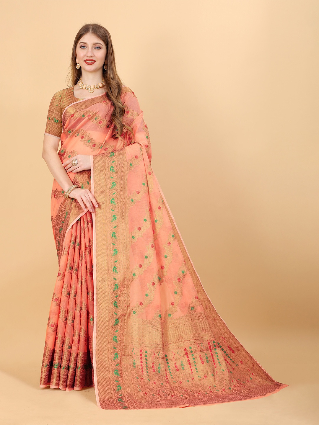 

Divyadham Textiles Floral Woven Design Zari Pure Silk Banarasi Saree, Peach
