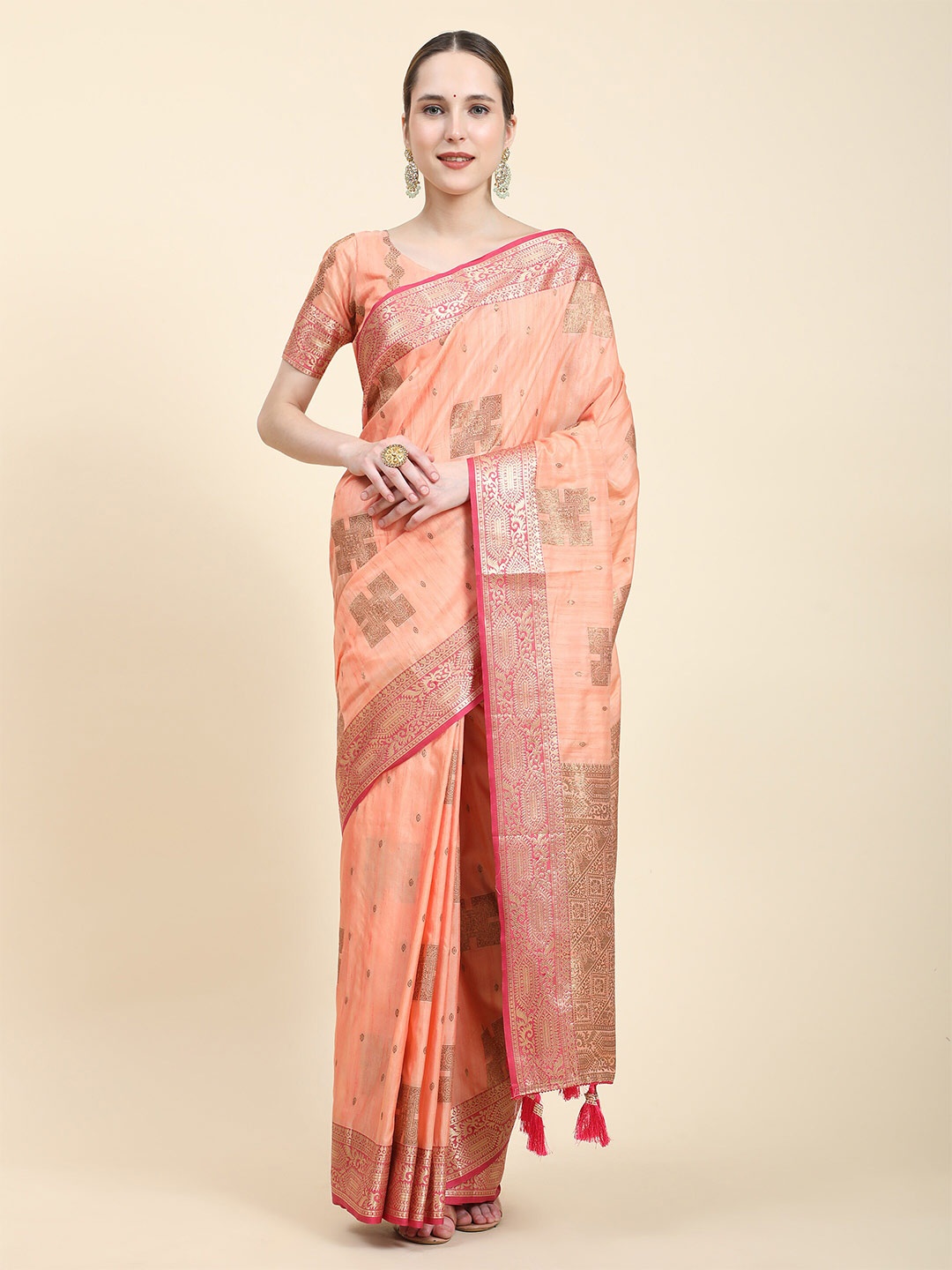 

Divyadham Textiles Ethnic Motifs Woven Design Zari Pure Silk Banarasi Saree, Peach