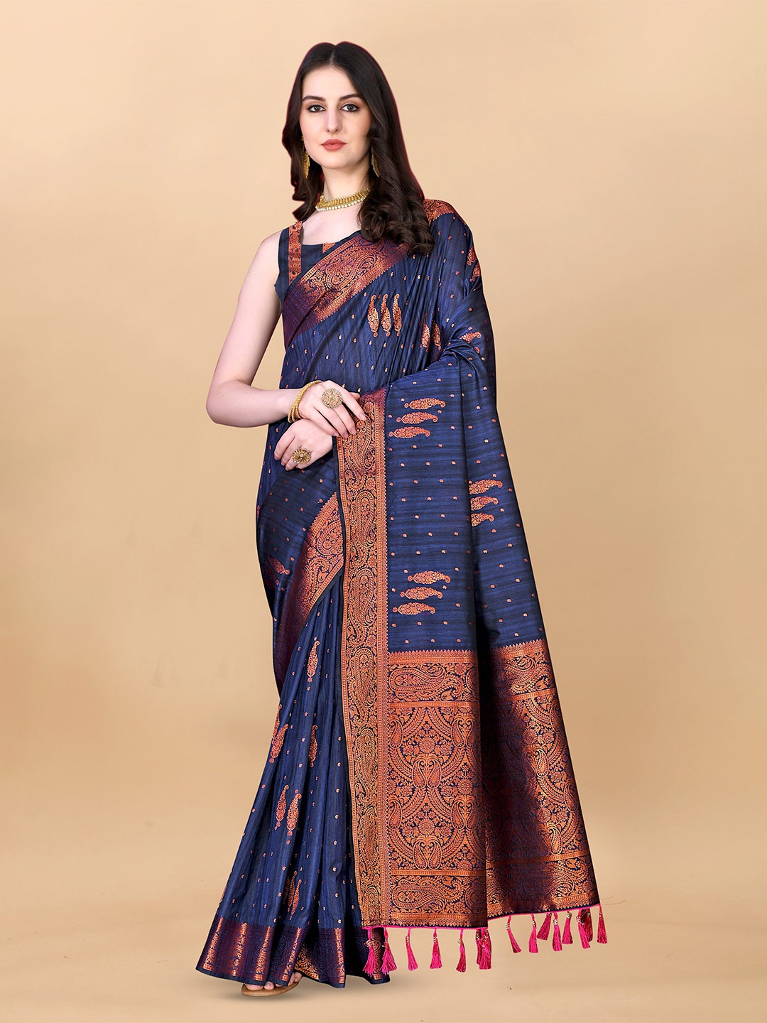 

Divyadham Textiles Ethnic Motifs Woven Design Zari Pure Silk Banarasi Saree, Navy blue