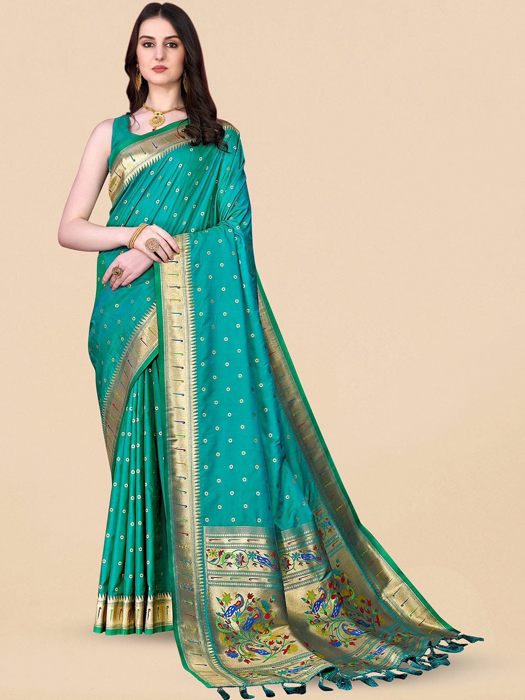 

Divyadham Textiles Geometric Woven Design Zari Pure Silk Banarasi Saree, Sea green