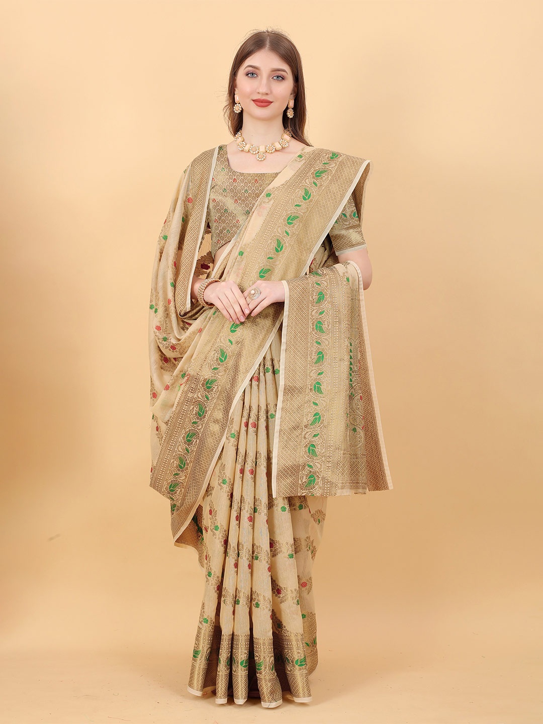 

Divyadham Textiles Ethnic Motifs Woven Design Zari Pure Silk Banarasi Saree, Beige