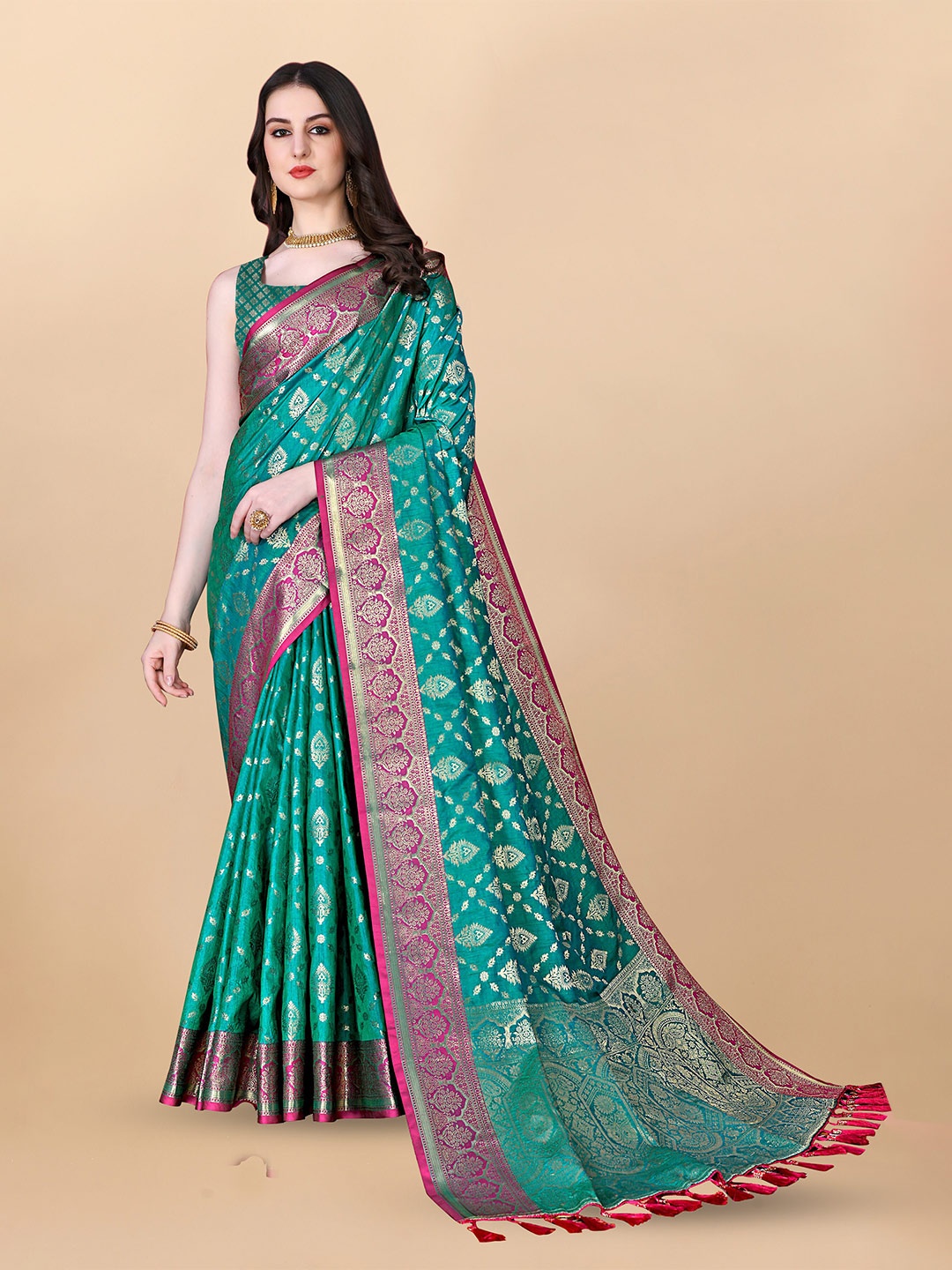 

Divyadham Textiles Ethnic Motifs Woven Design Zari Pure Silk Banarasi Saree, Turquoise blue