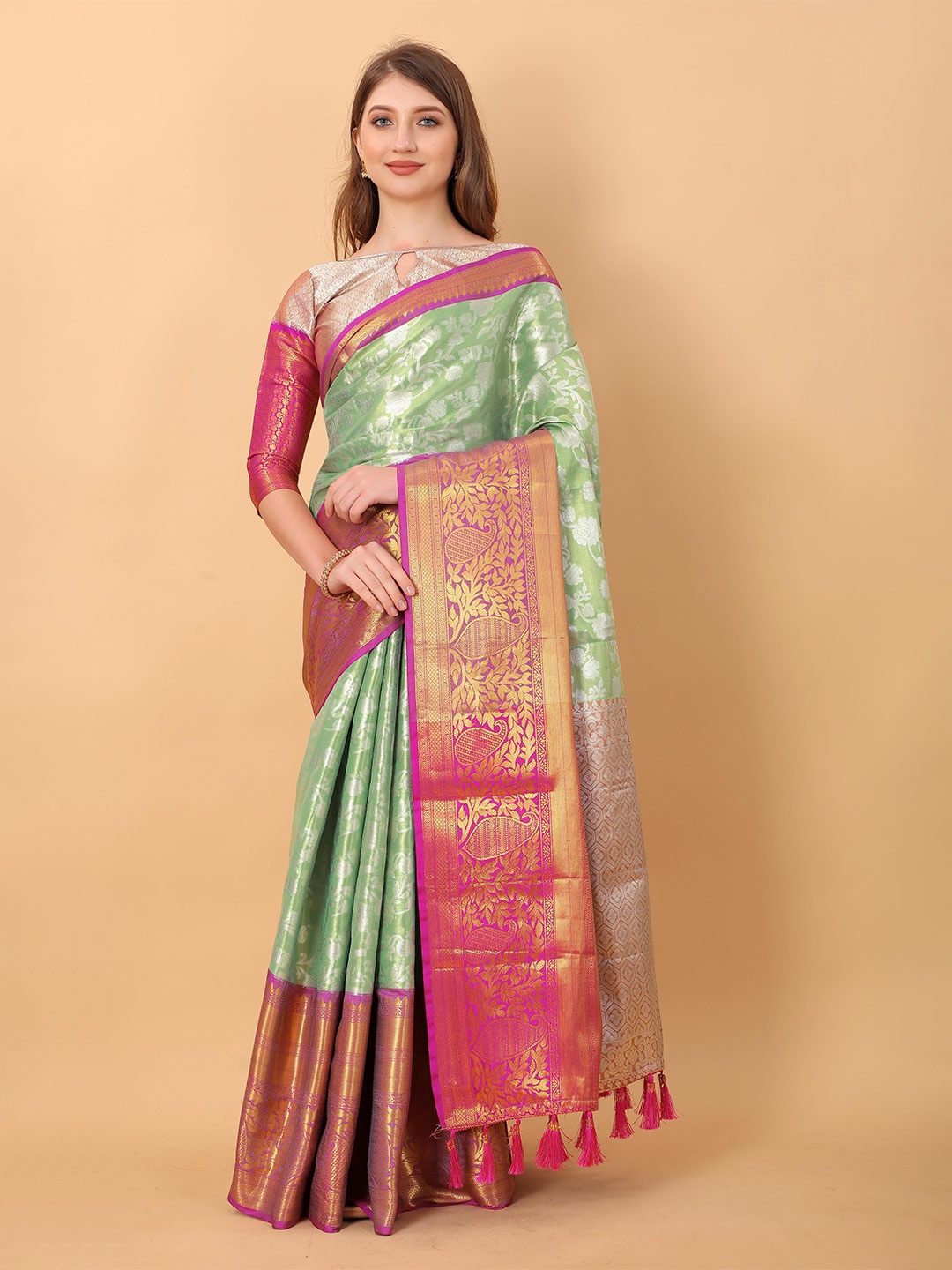 

Divyadham Textiles Floral Woven Design Zari Pure Silk Kanjeevaram Saree, Green