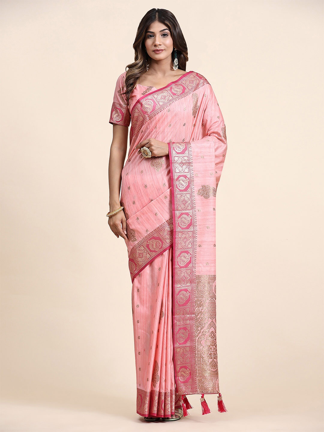 

Divyadham Textiles Ethnic Motifs Woven Design Zari Pure Silk Banarasi Saree, Pink