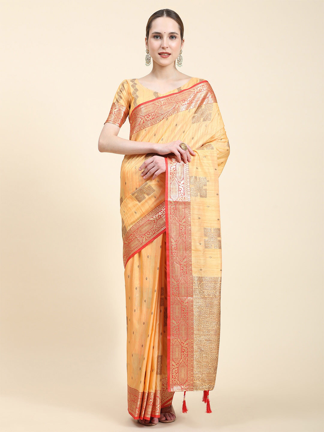 

Divyadham Textiles Ethnic Motifs Woven Design Zari Pure Silk Banarasi Saree, Yellow