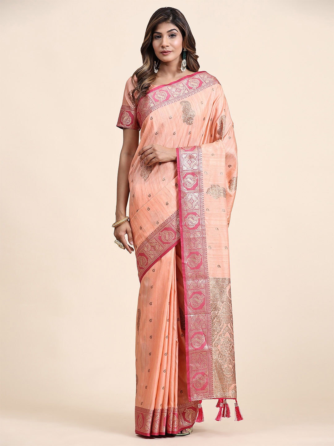 

Divyadham Textiles Ethnic Motifs Woven Design Zari Pure Silk Banarasi Saree, Peach