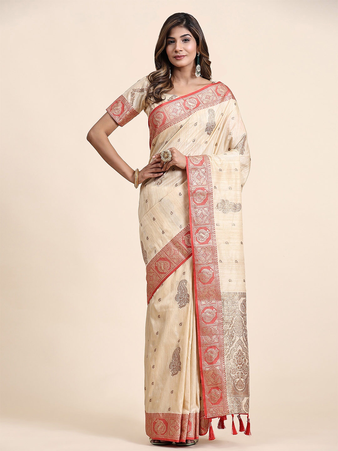 

Divyadham Textiles Ethnic Motifs Woven Design Zari Pure Silk Banarasi Saree, Cream