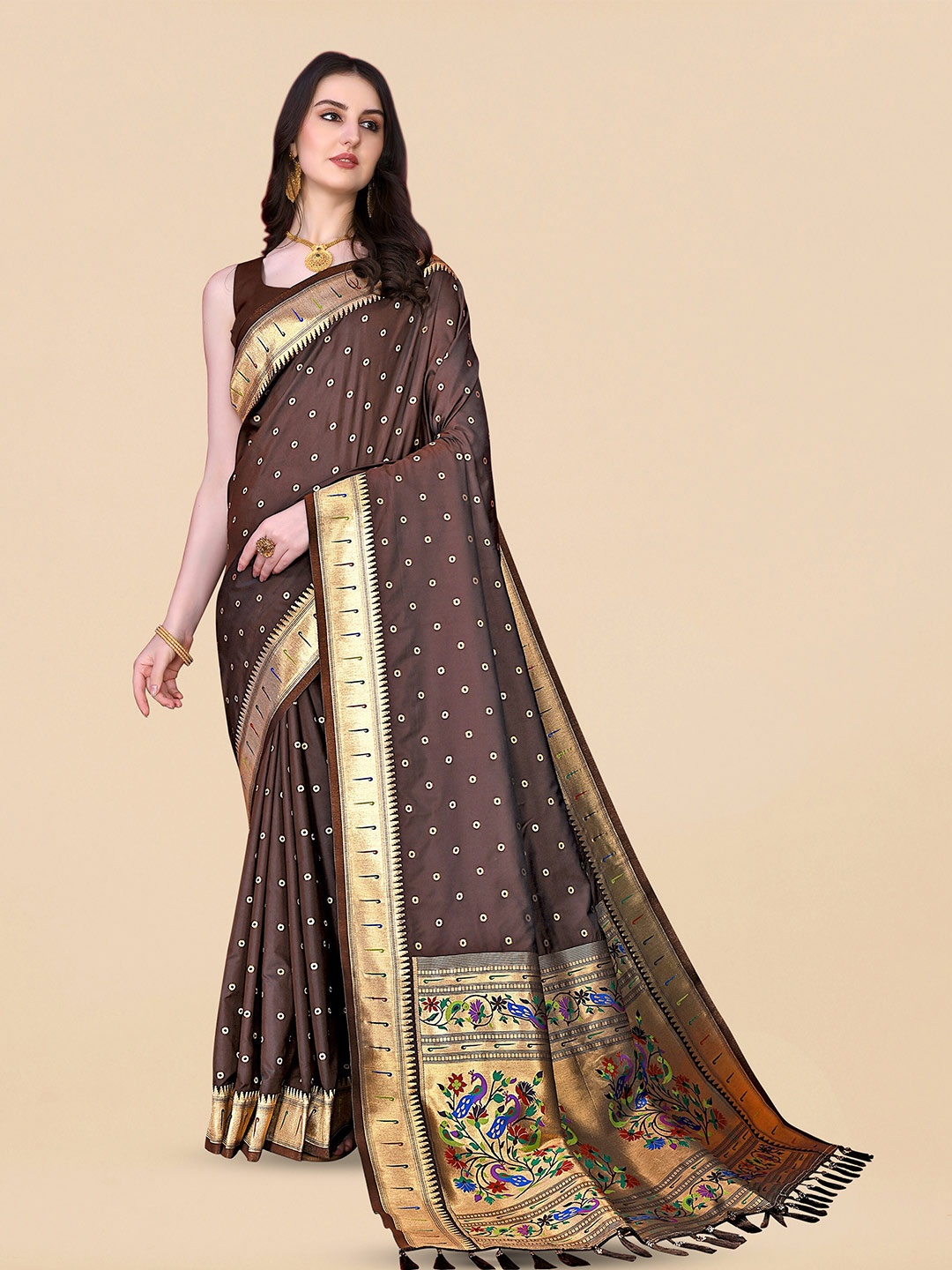 

Divyadham Textiles Ethnic Motifs Woven Design Zari Pure Silk Banarasi Saree, Coffee brown