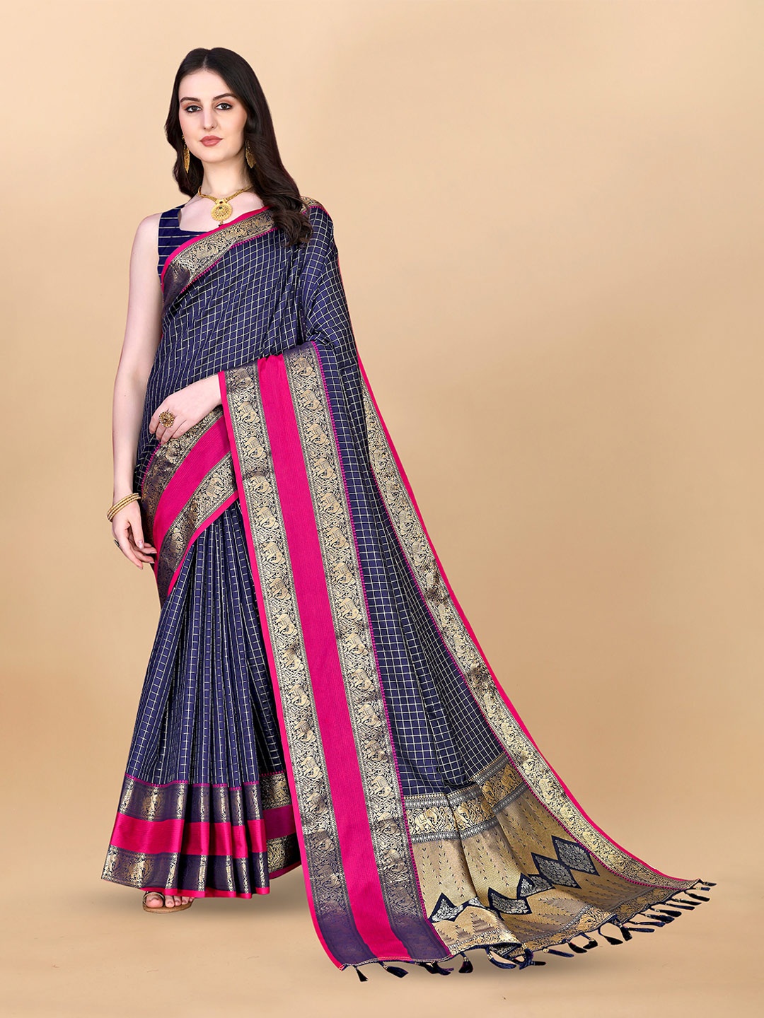 

Divyadham Textiles Ethnic Motifs Woven Design Zari Pure Silk Kanjeevaram Saree, Navy blue