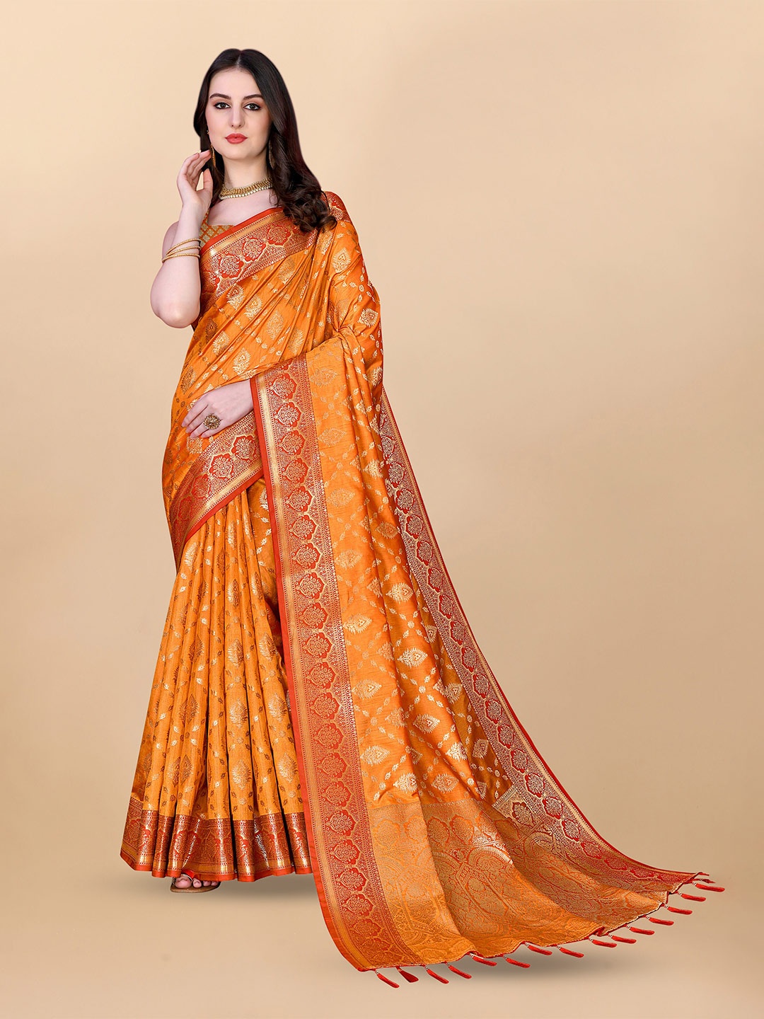 

Divyadham Textiles Ethnic Motifs Woven Design Zari Pure Silk Banarasi Saree, Yellow