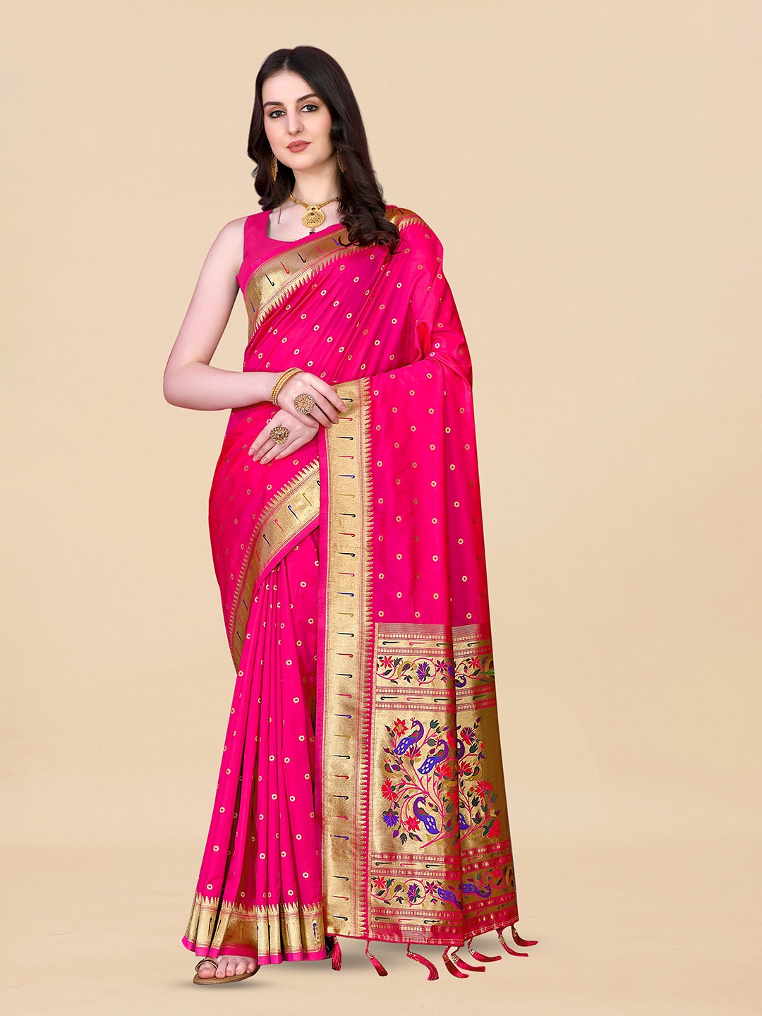 

Divyadham Textiles Geometric Woven Design Zari Pure Silk Banarasi Saree, Pink