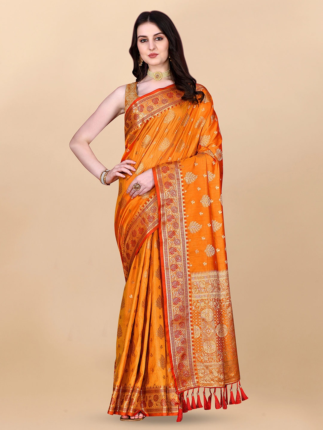 

Divyadham Textiles Ethnic Motifs Woven Design Zari Pure Silk Banarasi Saree, Orange