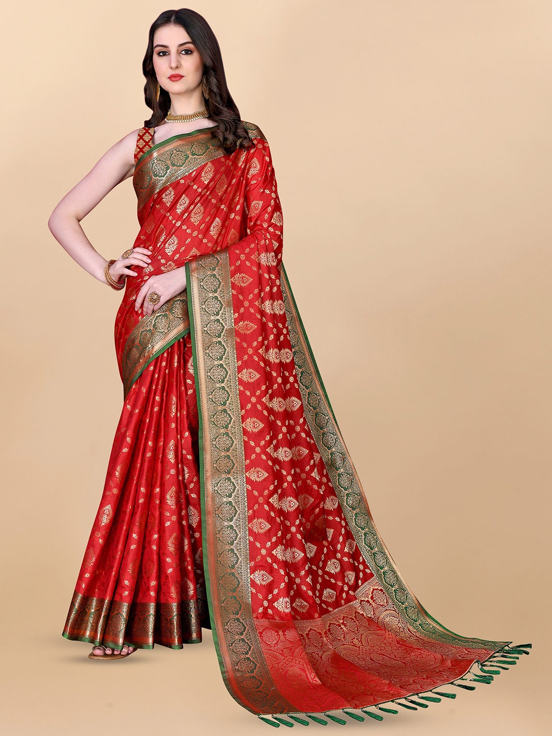 

Divyadham Textiles Ethnic Motifs Woven Design Zari Pure Silk Banarasi Saree, Red
