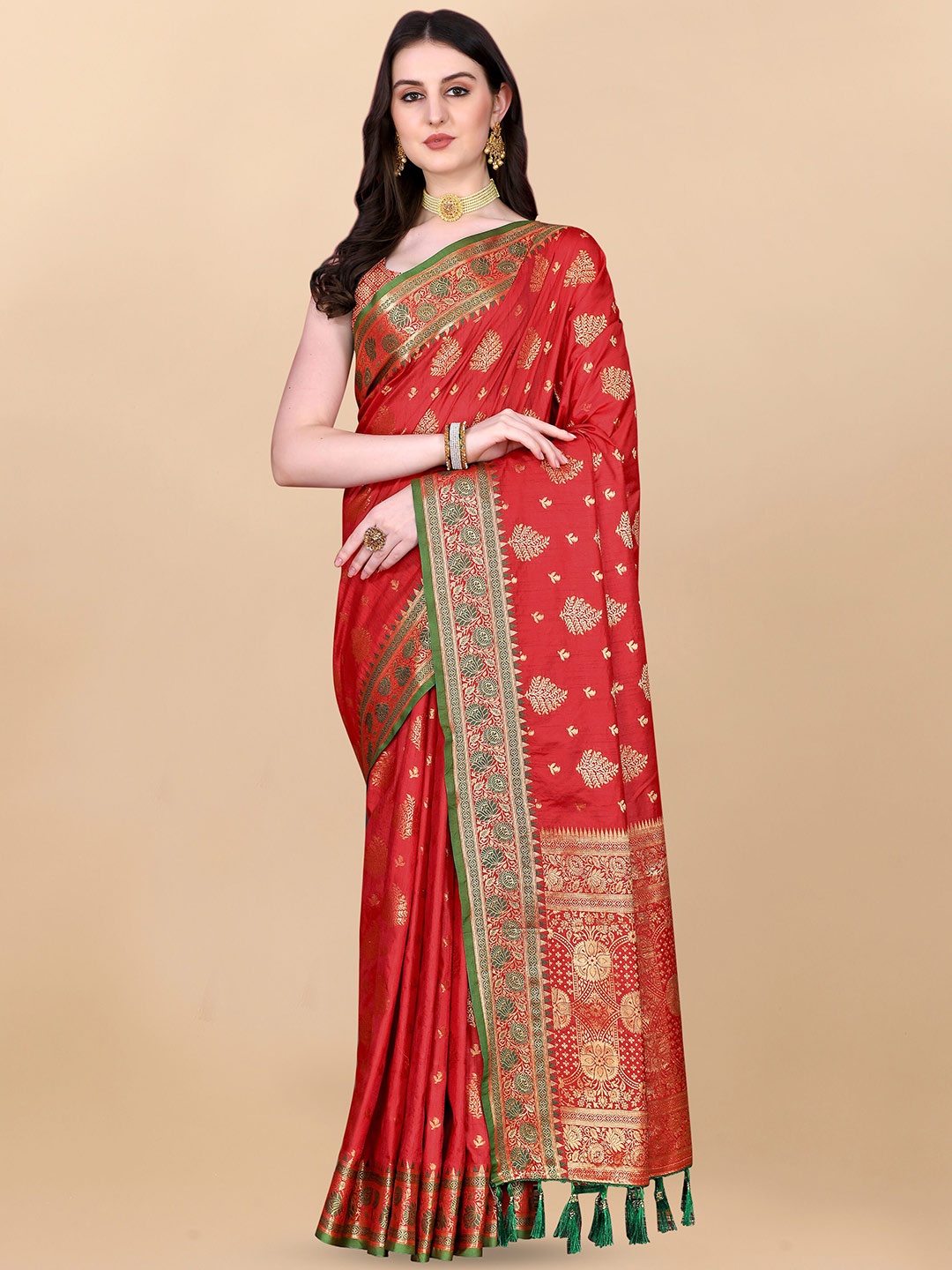 

Divyadham Textiles Ethnic Motifs Woven Design Zari Pure Silk Banarasi Saree, Red