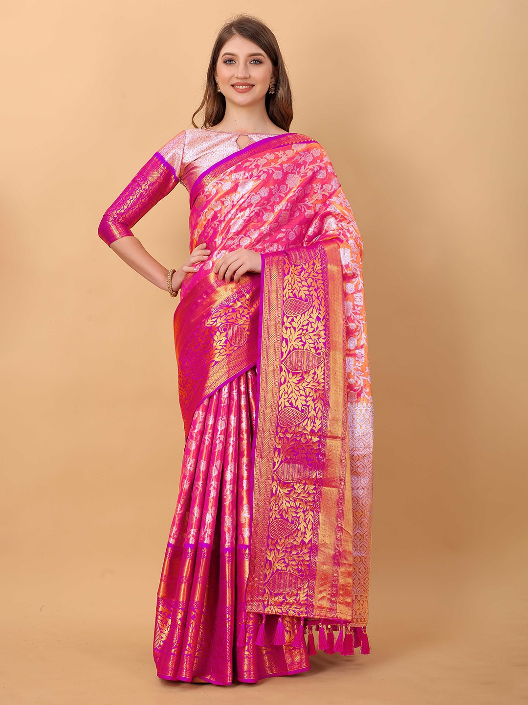 

Divyadham Textiles Floral Woven Design Zari Pure Silk Kanjeevaram Saree, Pink