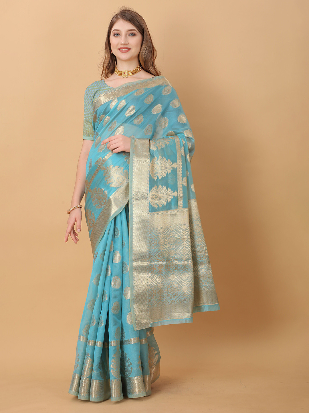 

Divyadham Textiles Ethnic Motifs Woven Design Zari Pure Silk Banarasi Saree, Turquoise blue