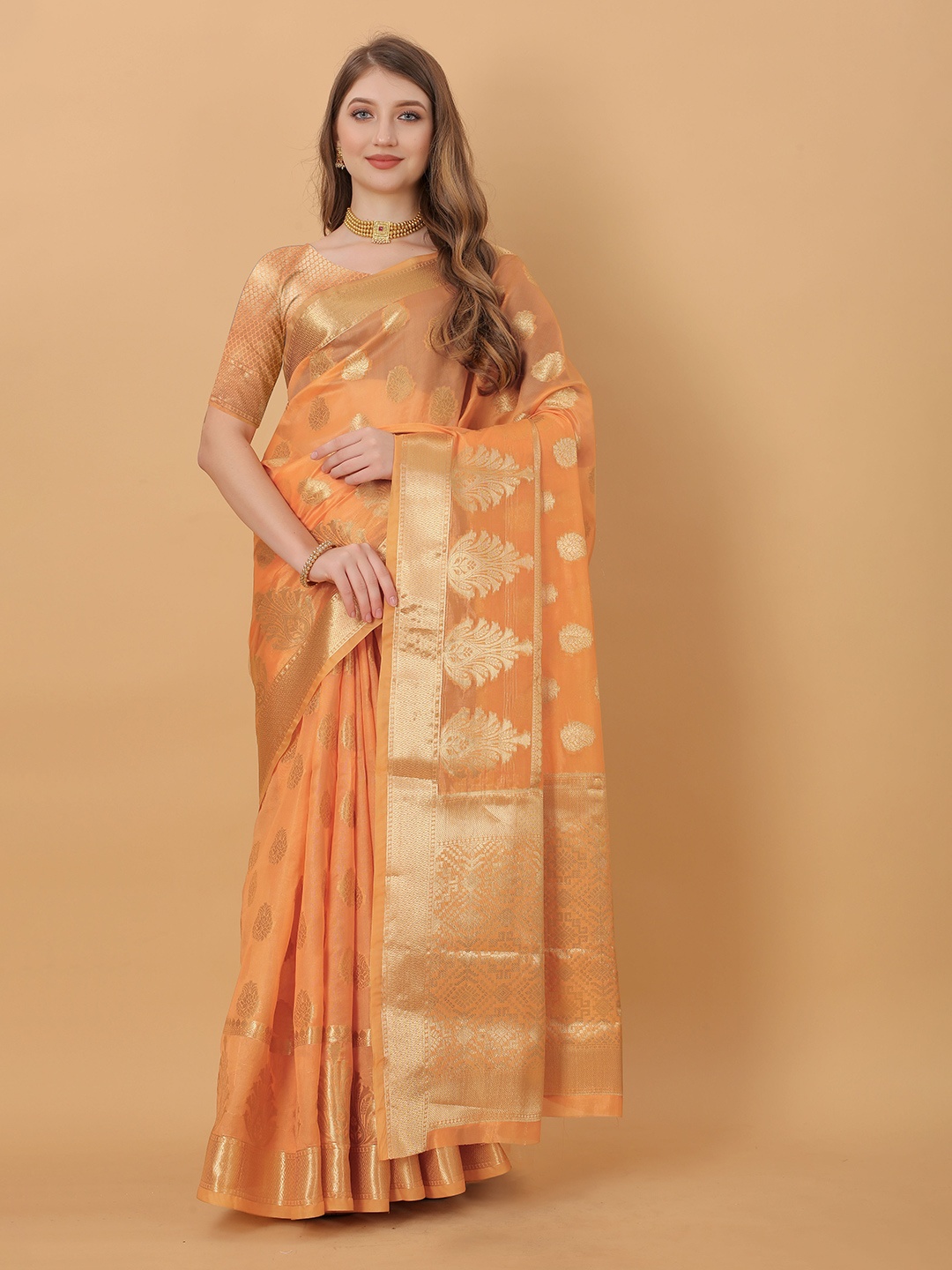 

Divyadham Textile Ethnic Motifs Zari Pure Silk Banarasi Saree, Peach