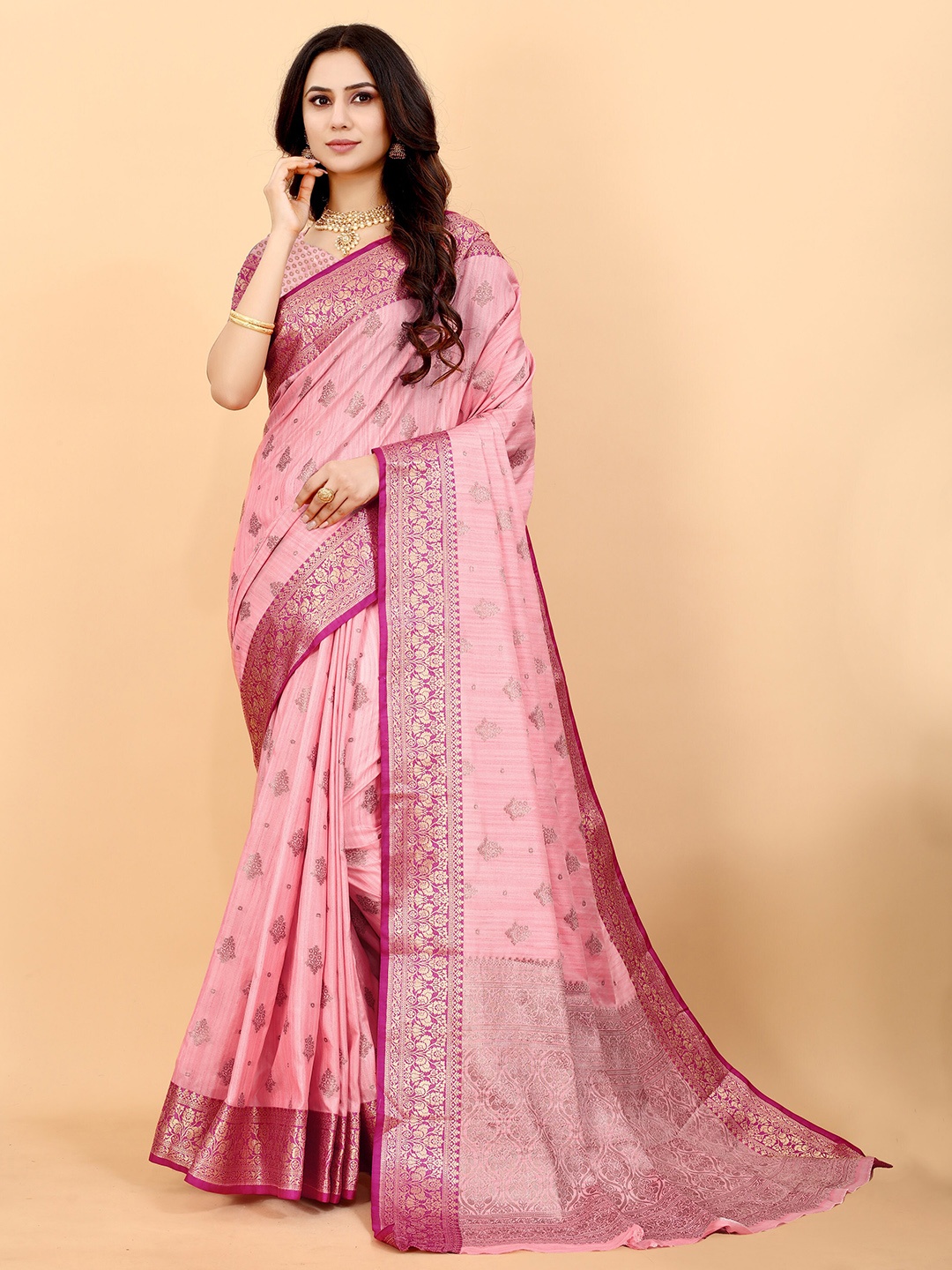 

Divyadham Textiles Ethnic Motifs Woven Design Zari Pure Silk Banarasi Saree, Pink