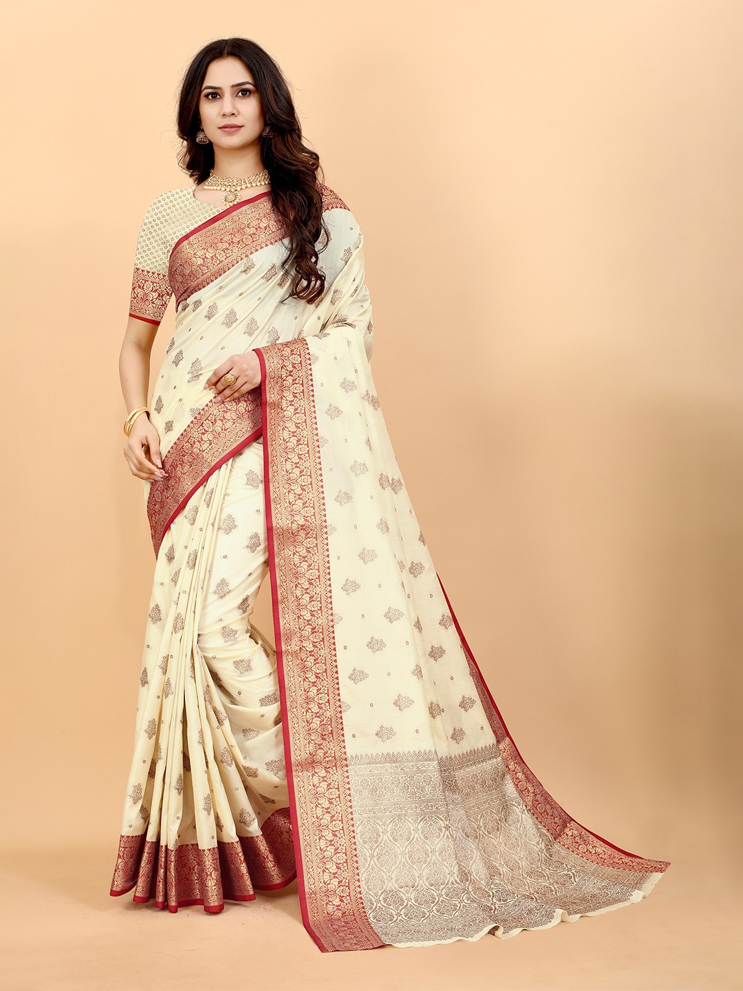 

Divyadham Textiles Ethnic Motifs Woven Design Zari Pure Silk Banarasi Saree, White