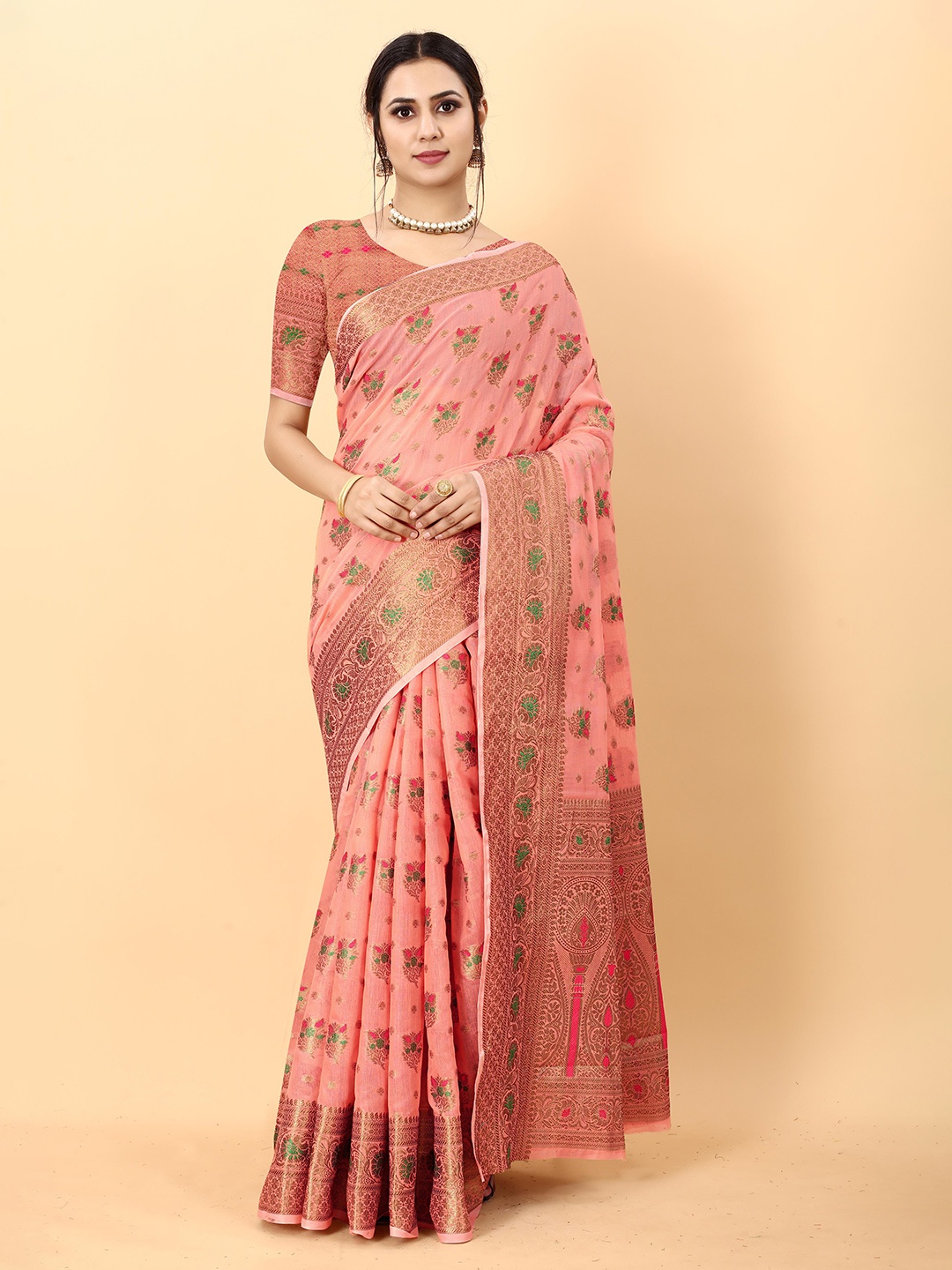 

Divyadham Textiles Ethnic Motifs Woven Design Zari Pure Silk Banarasi Saree, Peach