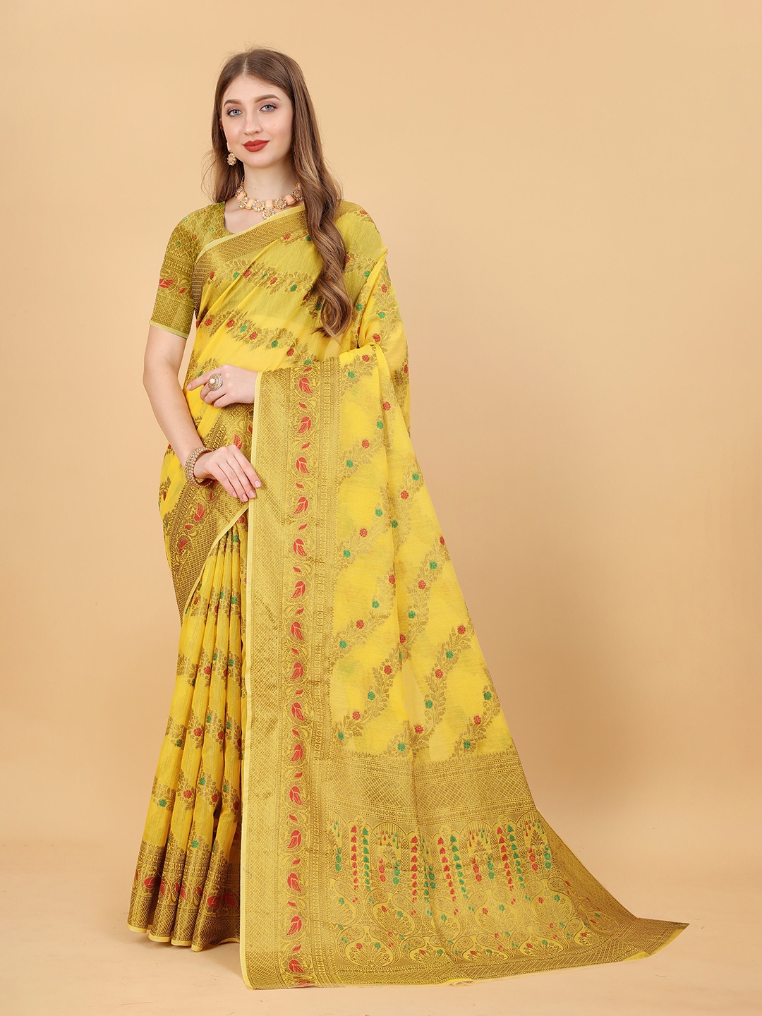 

Divyadham Textiles Ethnic Motifs Zari Pure Silk Banarasi Saree, Yellow