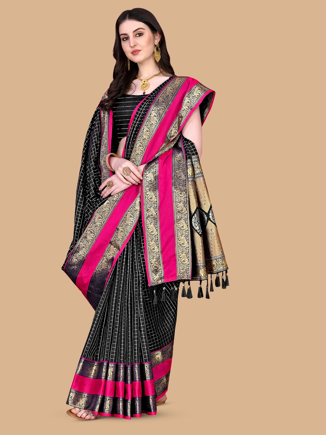

Divyadham Textiles Ethnic Woven Design Zari Pure Silk Kanjeevaram Saree, Black