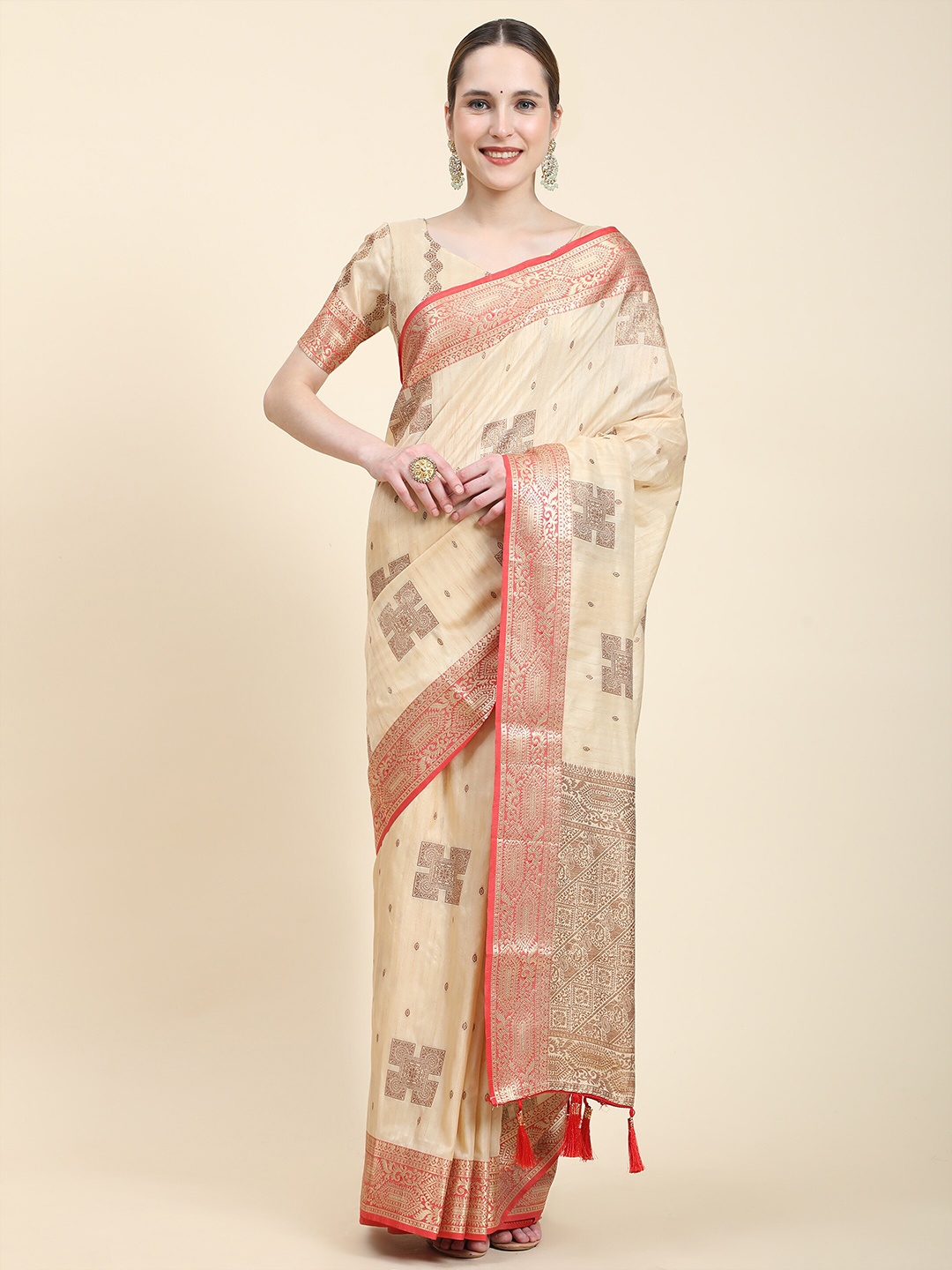 

Divyadham Textiles Ethnic Motifs Zari Pure Silk Banarasi Saree, Cream