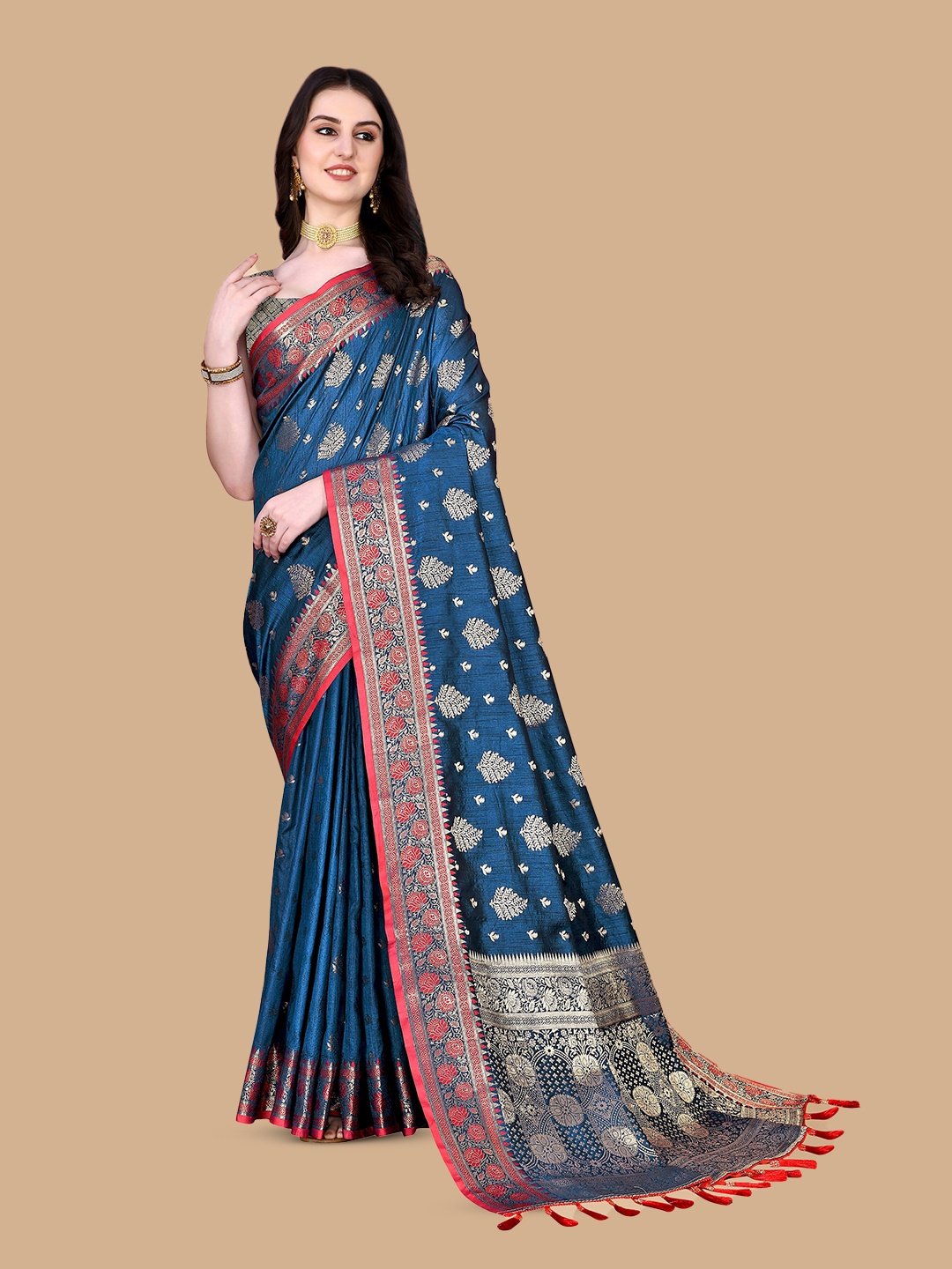 

Divyadham Textiles Ethnic Motifs Zari Pure Silk Banarasi Saree, Blue