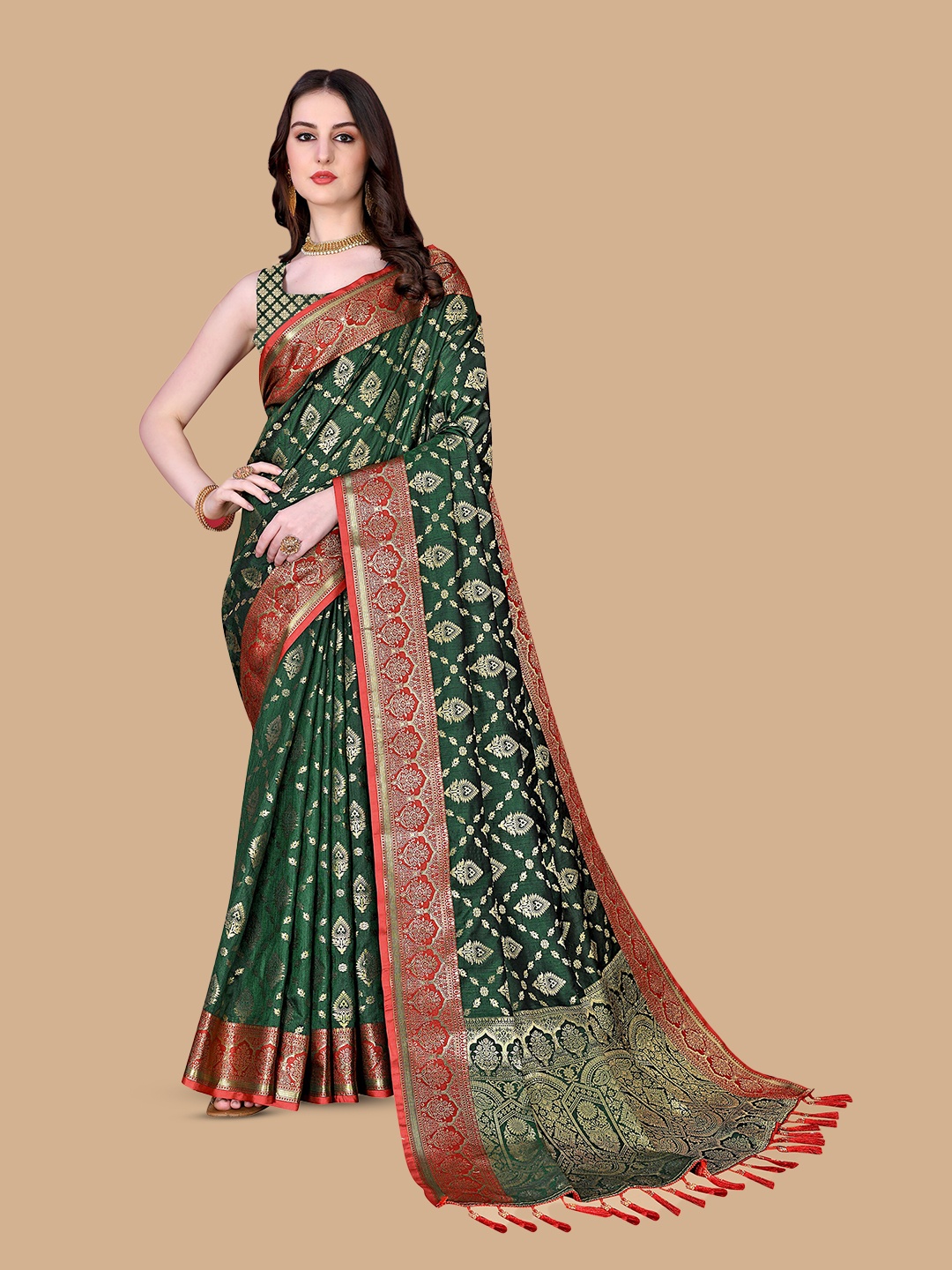 

Divyadham Textiles Ethnic Woven Design Zari Pure Silk Banarasi Saree, Green