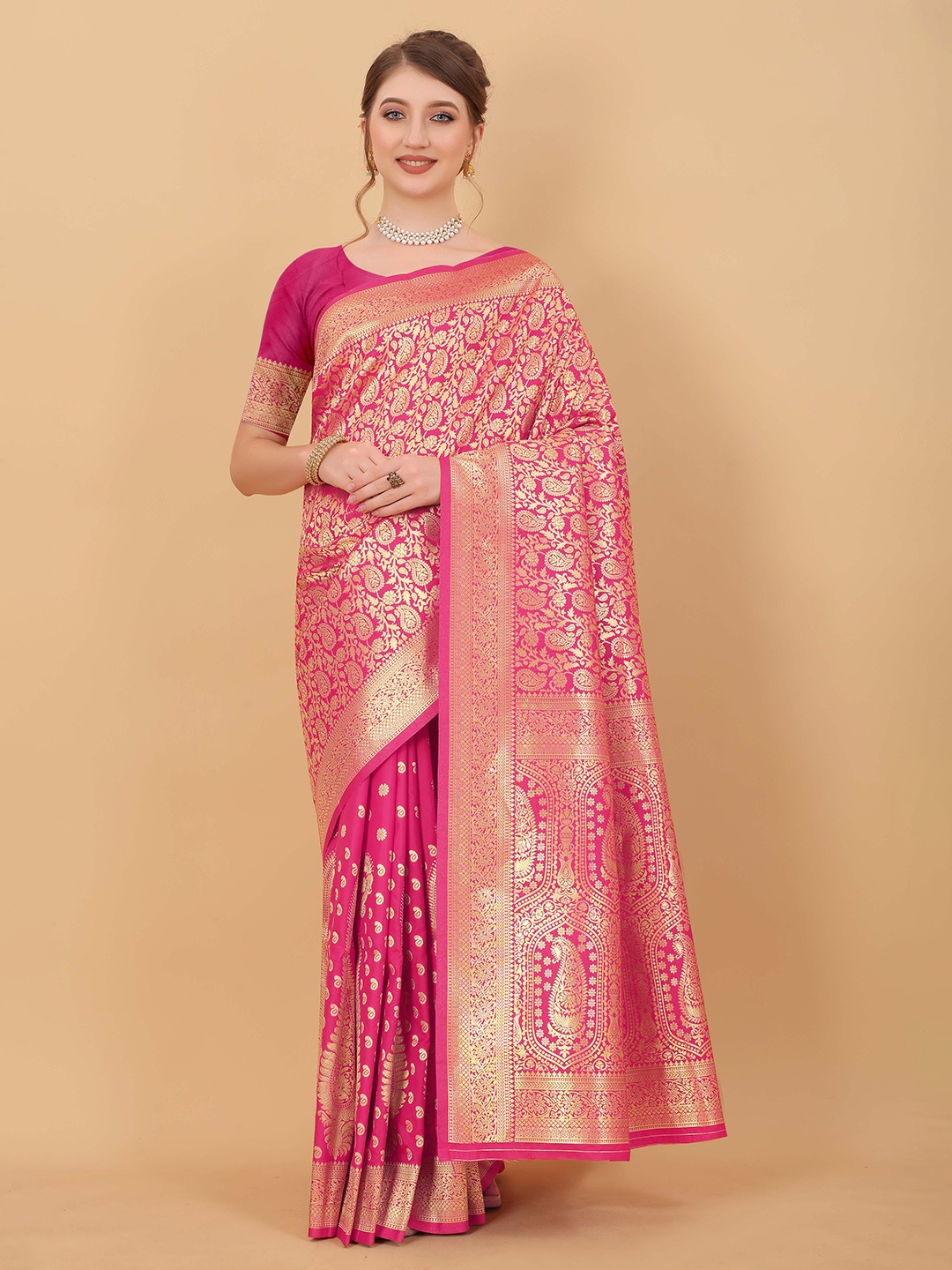 

Divyadham Textiles Ethnic Woven Design Zari Pure Silk Kanjeevaram Saree, Pink