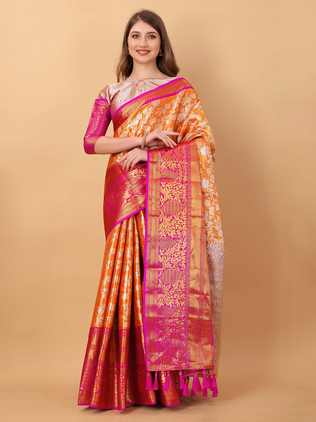 

Divyadham Textiles Orange & Magenta Ethnic Woven Design Zari Banarasi Silk Saree