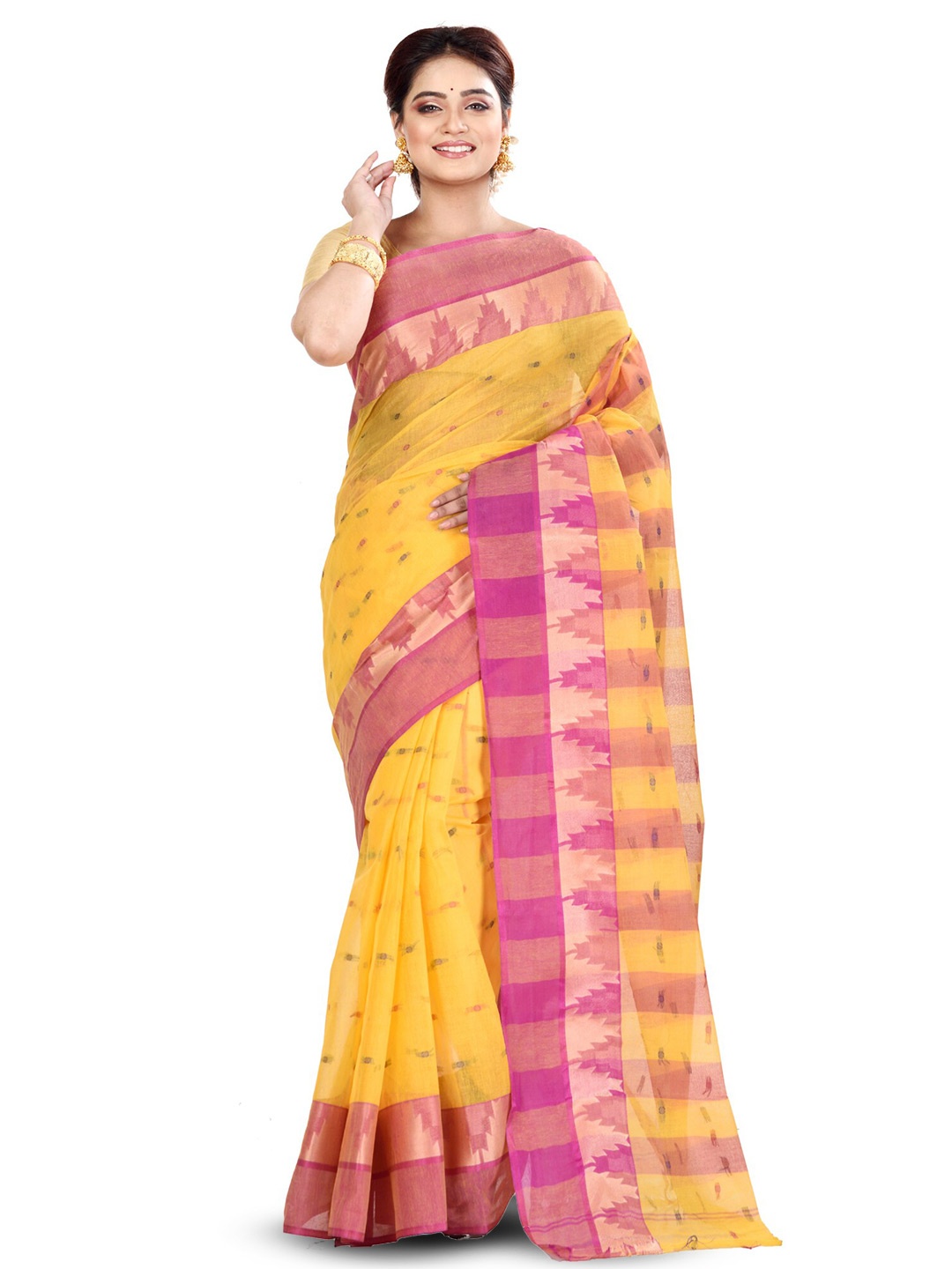 

Ruuprekha Woven Design Zari Pure Cotton Taant Saree, Yellow