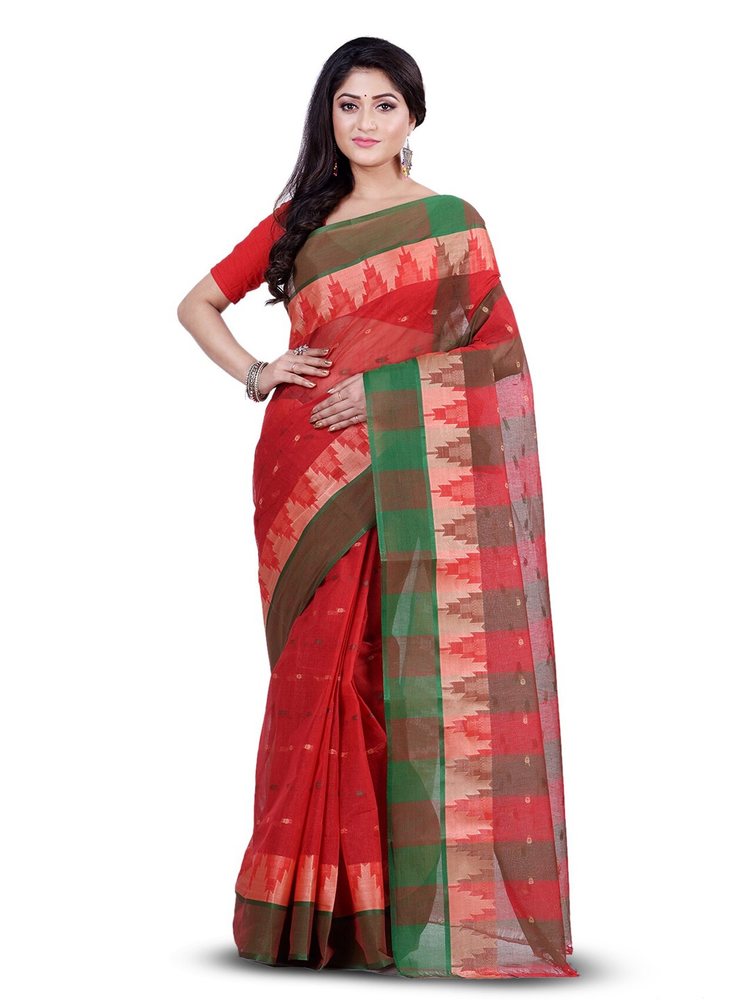 

Ruuprekha Woven Design Zari Pure Cotton Taant Saree, Red