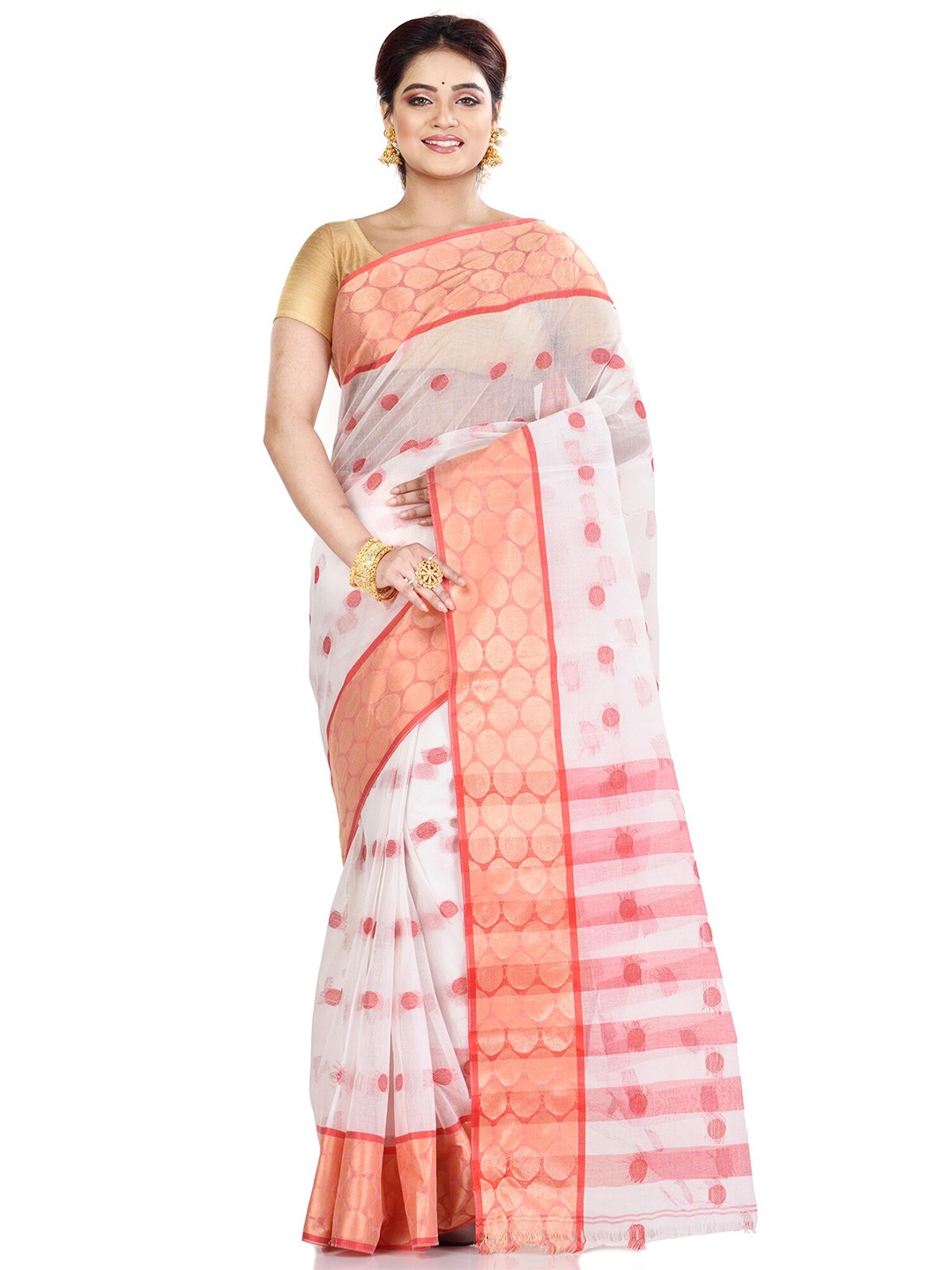 

Ruuprekha Woven Design Zari Pure Cotton Taant Saree, White